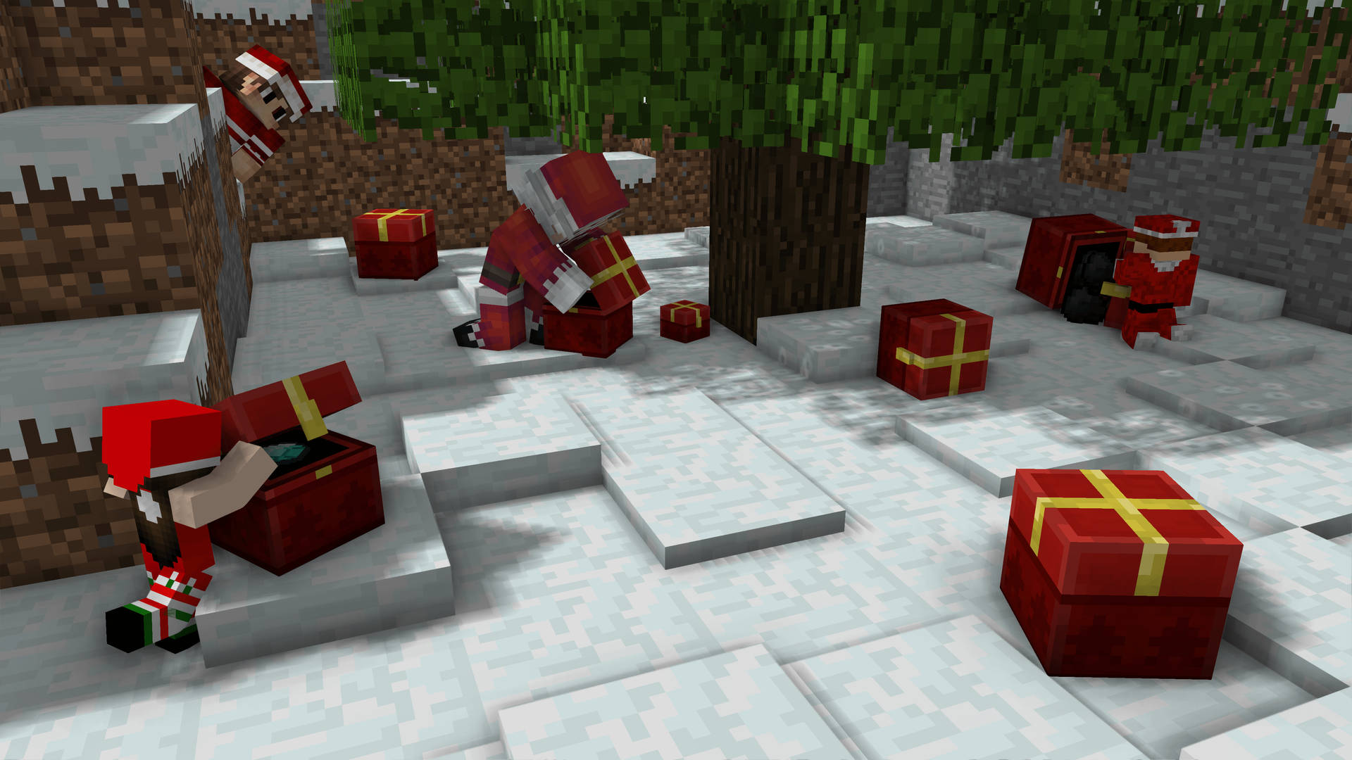 Minecraft 中的聖誕老人角色在雪景中打開紅色禮物盒。