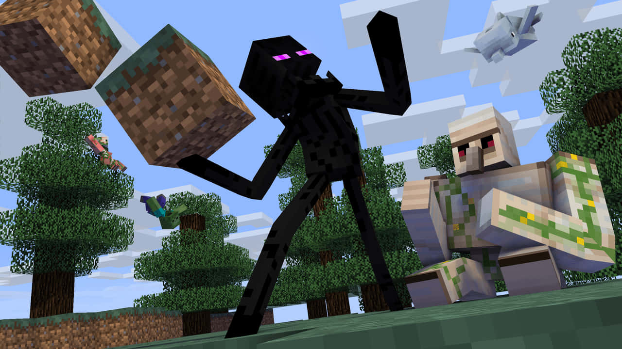 Minecraft Enderman和喪屍豬人在一個有浮動方塊的像素化森林中。