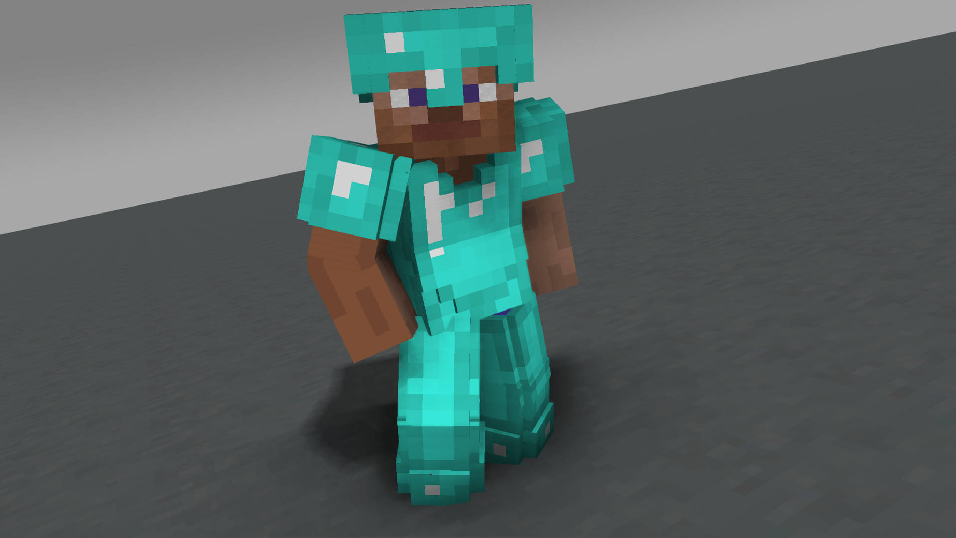 Minecraft角色穿著鑽石盔甲站在灰色地板上