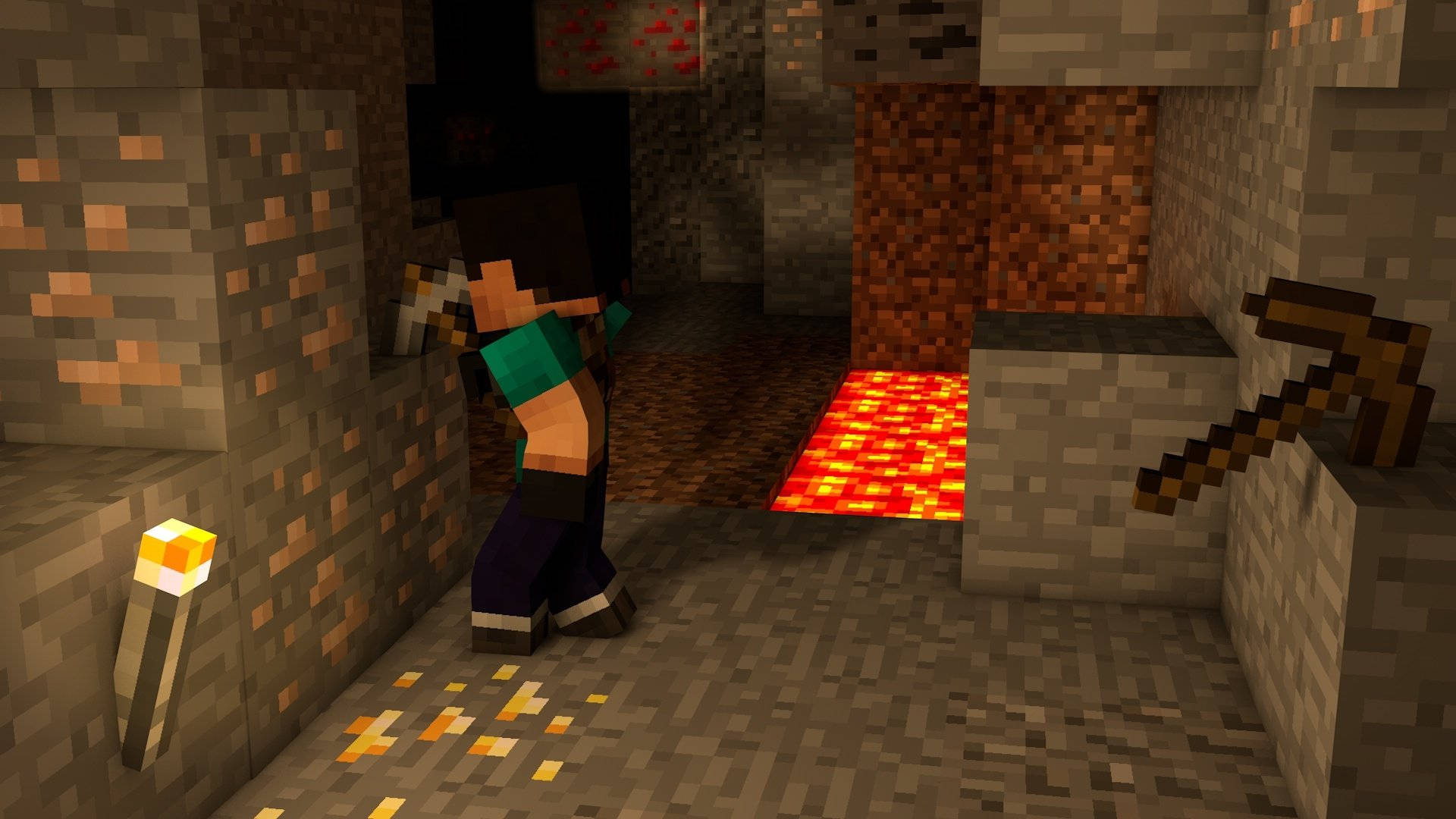 Minecraft玩家在洞穴中，有熔岩池和火炬