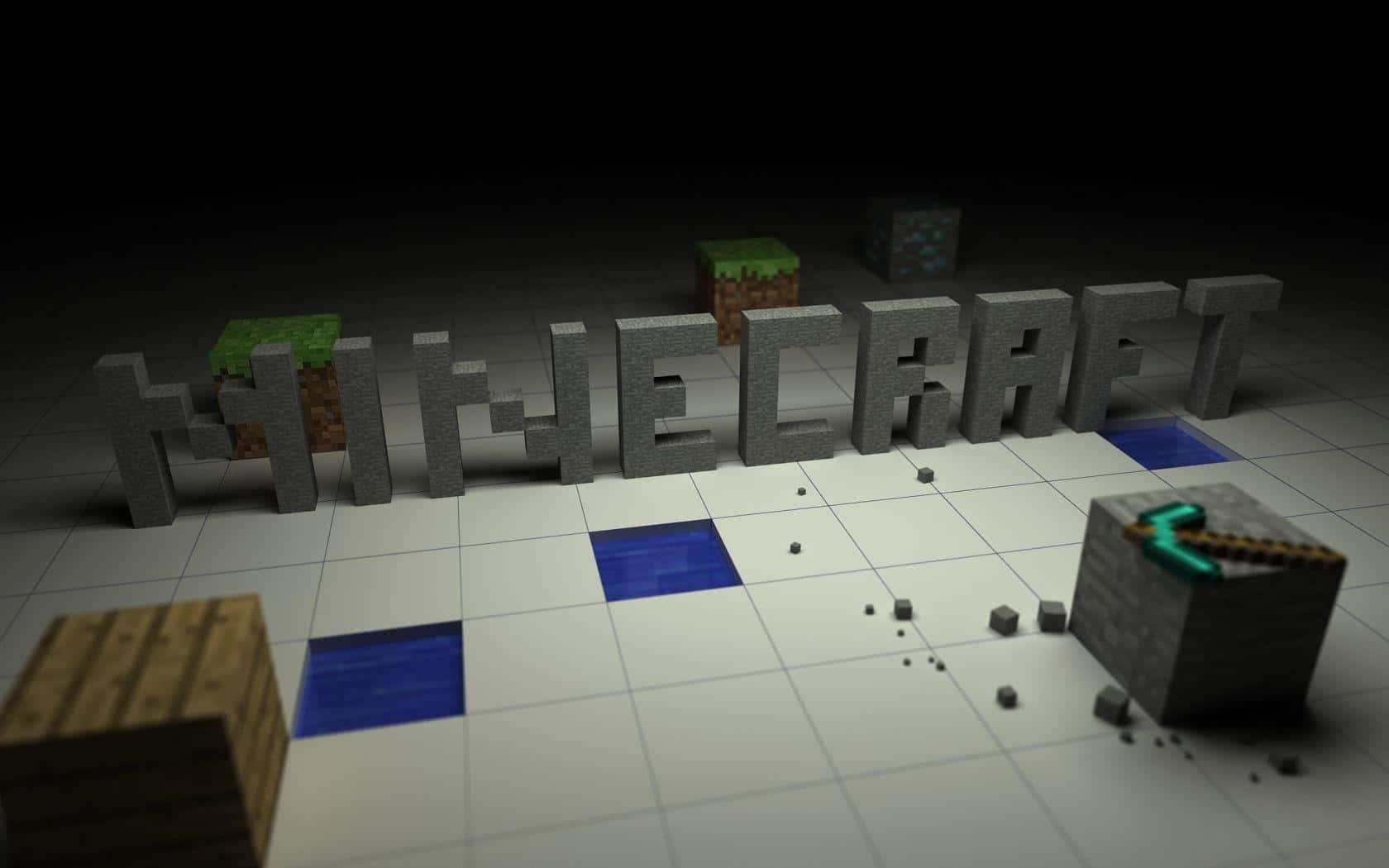 型格 Minecraft 桌布 壁紙 — MINECRAFT 呢個字用方塊石頭字母串成，像素化嘅草、水同鑽石方塊散落喺瓷磚地板上面。