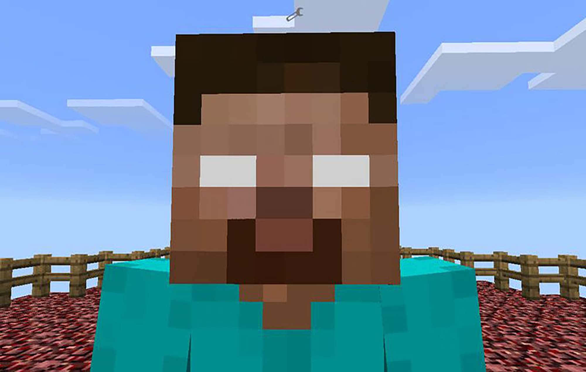Herobrine 桌布 壁紙 — Minecraft 嘅 Steve 企喺紅色泥土上面，有木欄杆同方塊狀嘅雲喺明亮藍天嘅特寫。