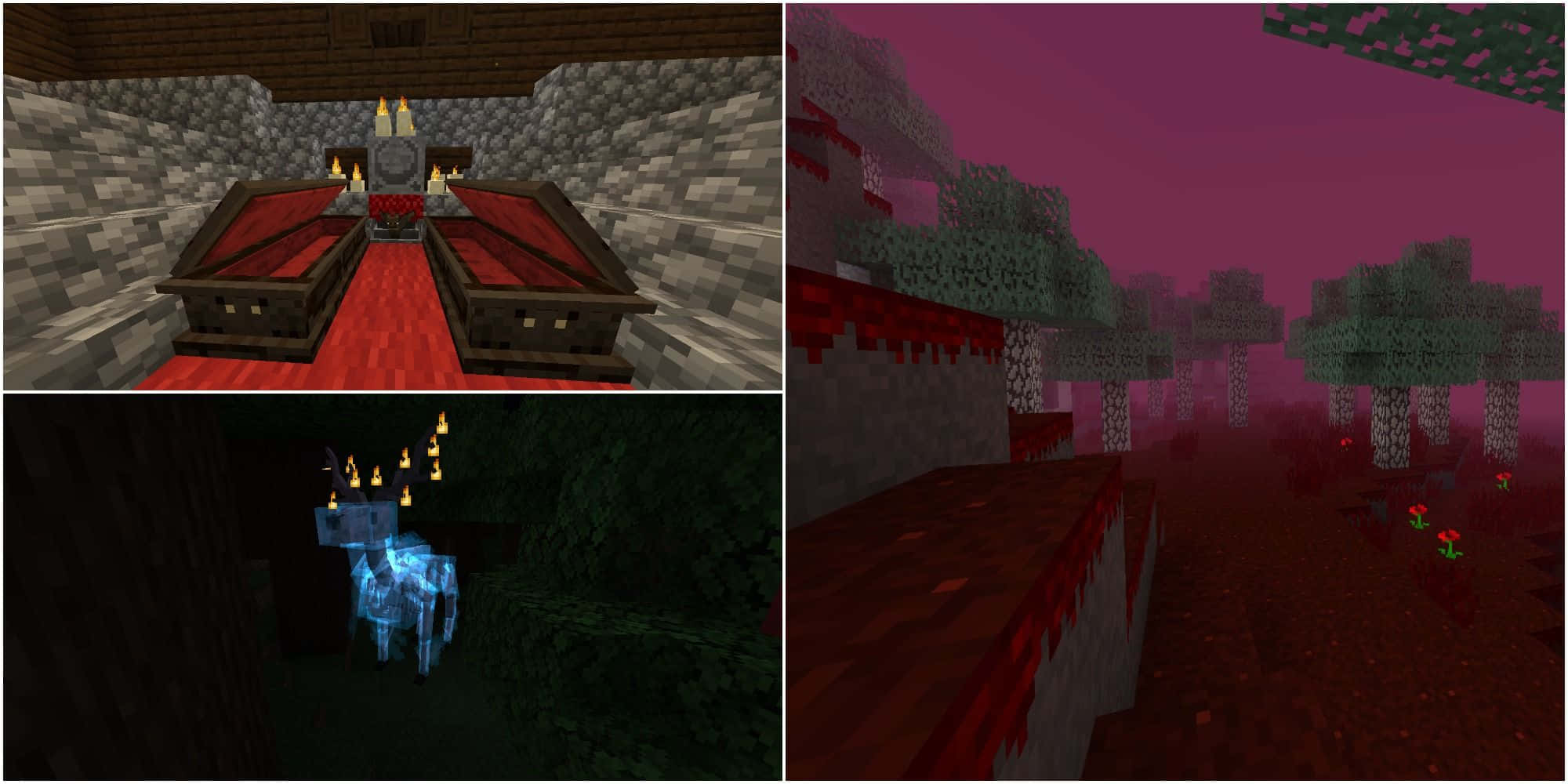 Minecraft Mods 桌布 壁紙 — Minecraft 地獄堡壘，內有紅石機關和一匹在黑暗洞穴中發光的藍色馬。