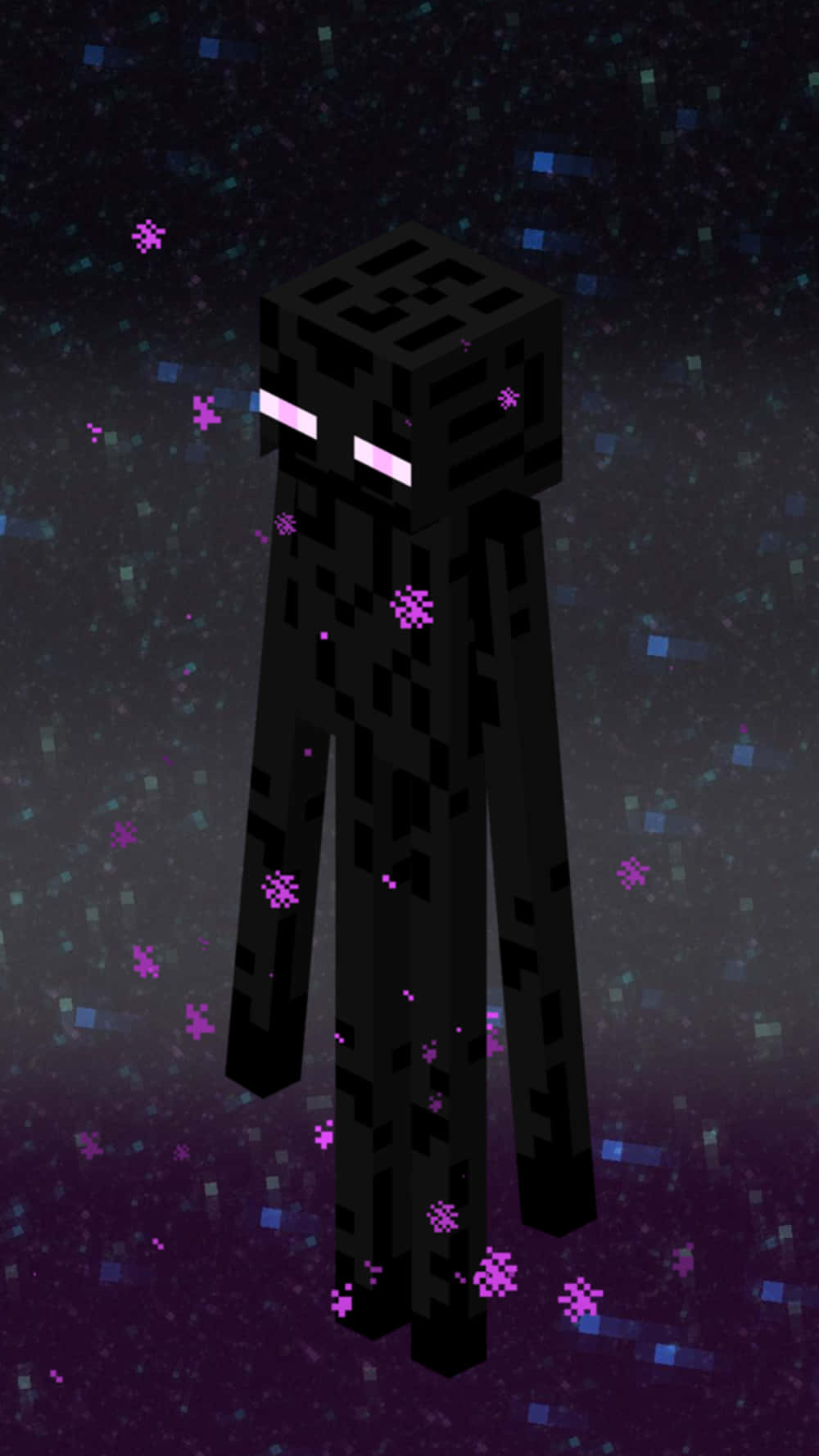 來自Minecraft的終界使者在繁星點點的紫色夜空中漂浮，伴隨著發光粒子。