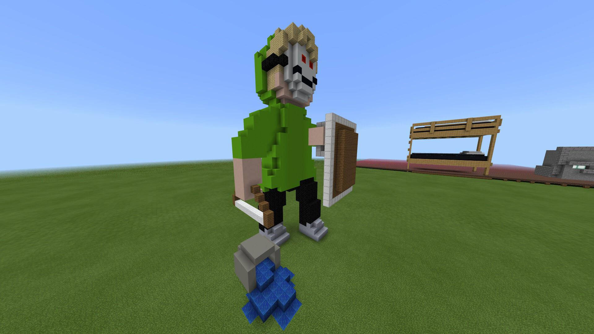 《Minecraft》夢幻樂園 壁紙 — 一個像素化的Minecraft角色，穿著綠色襯衫和骷髏面具，站在草地上，手持盾牌和劍。
