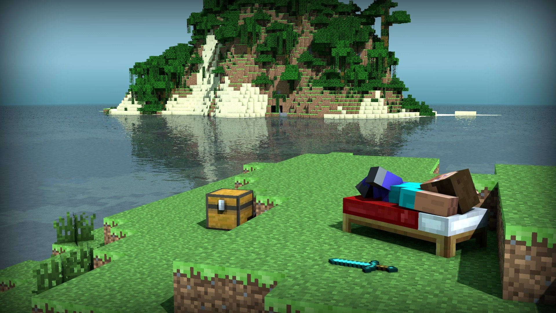Minecraft島嶼，有草地、海洋、寶藏箱和帶物品的床。