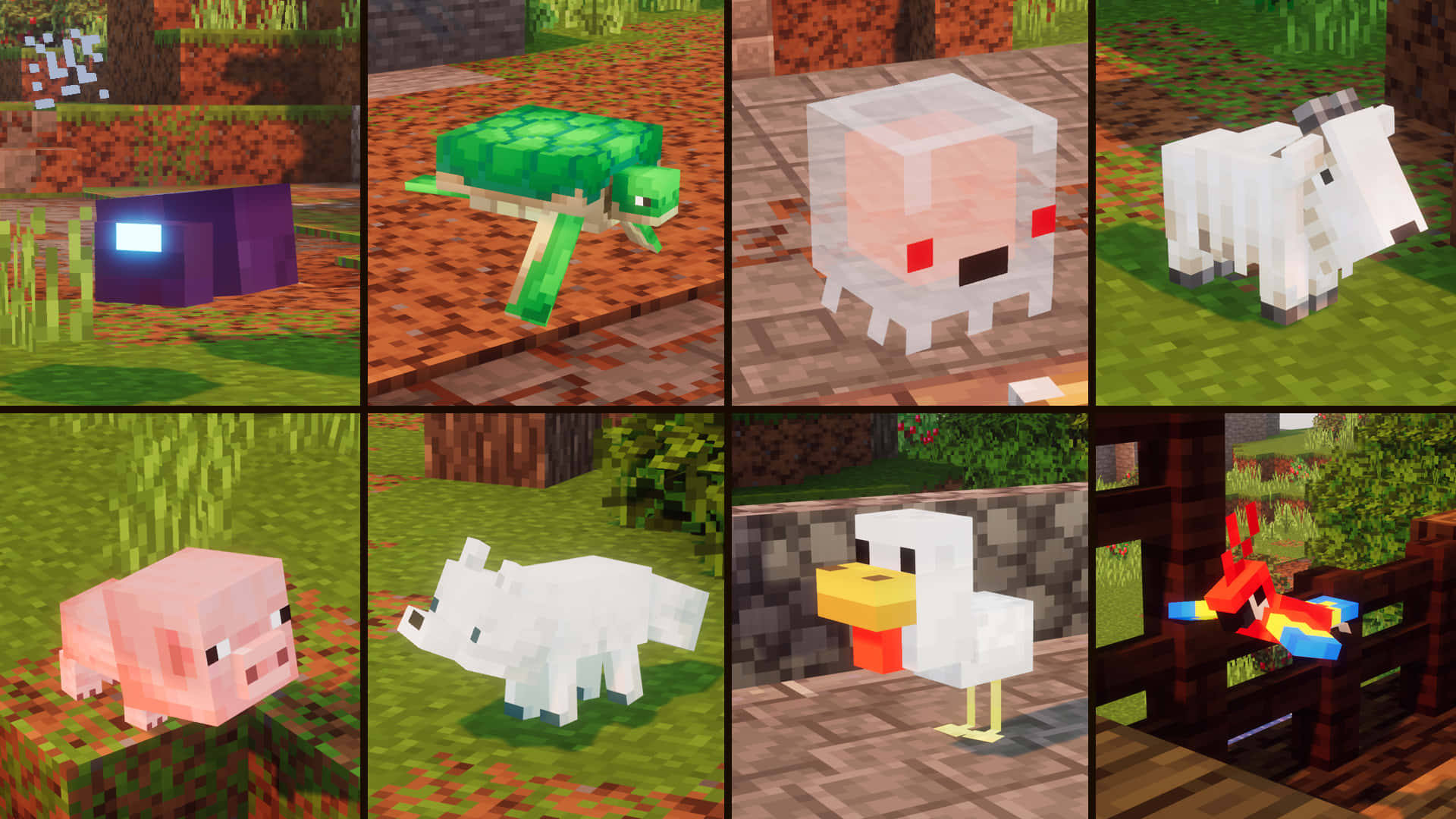 Minecraft Pets 桌布 壁紙 — Minecraft 方塊動物的拼貼畫，包括烏龜、豬、羊、雞和一隻鸚鵡，在像素化的草地環境中。