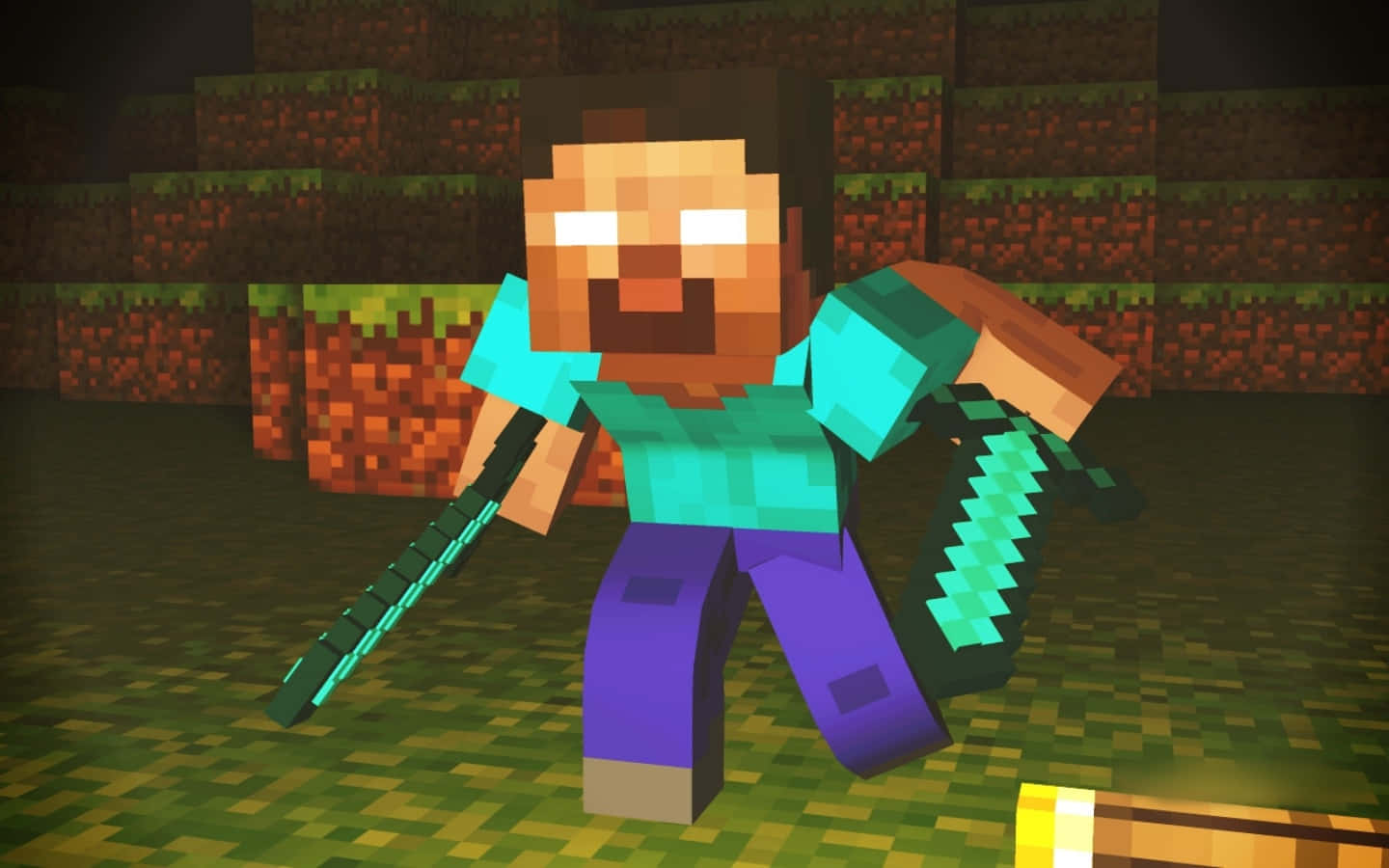 Minecraft角色在地下洞穴中手持鑽石劍
