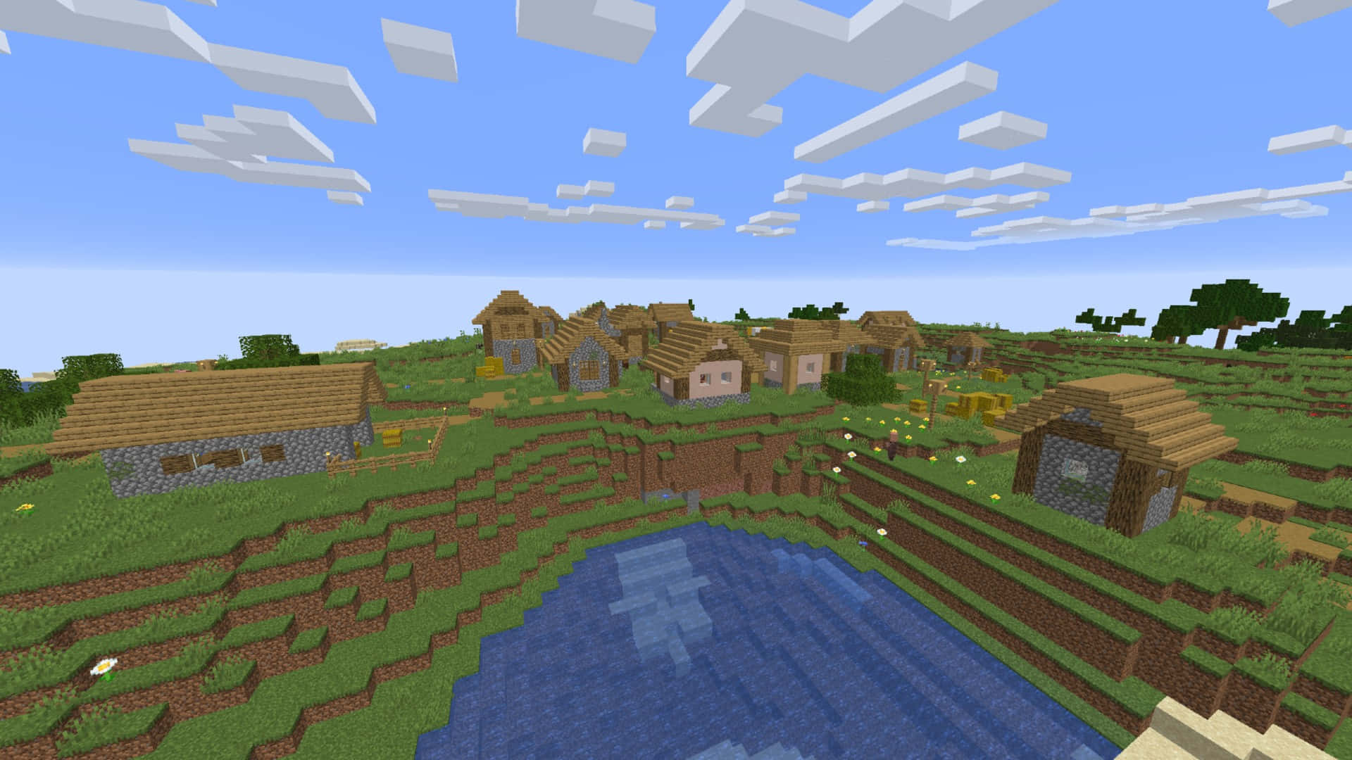 Minecraft村莊，有房屋和池塘，位於青草丘陵上，天空藍色。