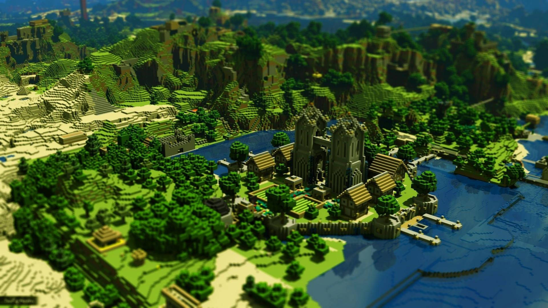 在Minecraft風格景觀中，河邊的一個方塊城堡小鎮。