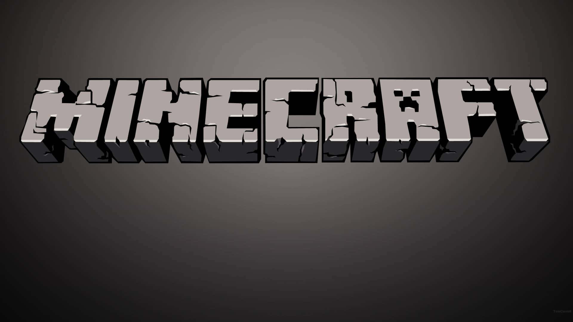 Cool Minecraft 桌布 壁紙 — Minecraft 標誌以方塊狀 3D 字母呈現，帶有裂紋紋理，背景為深色漸變。