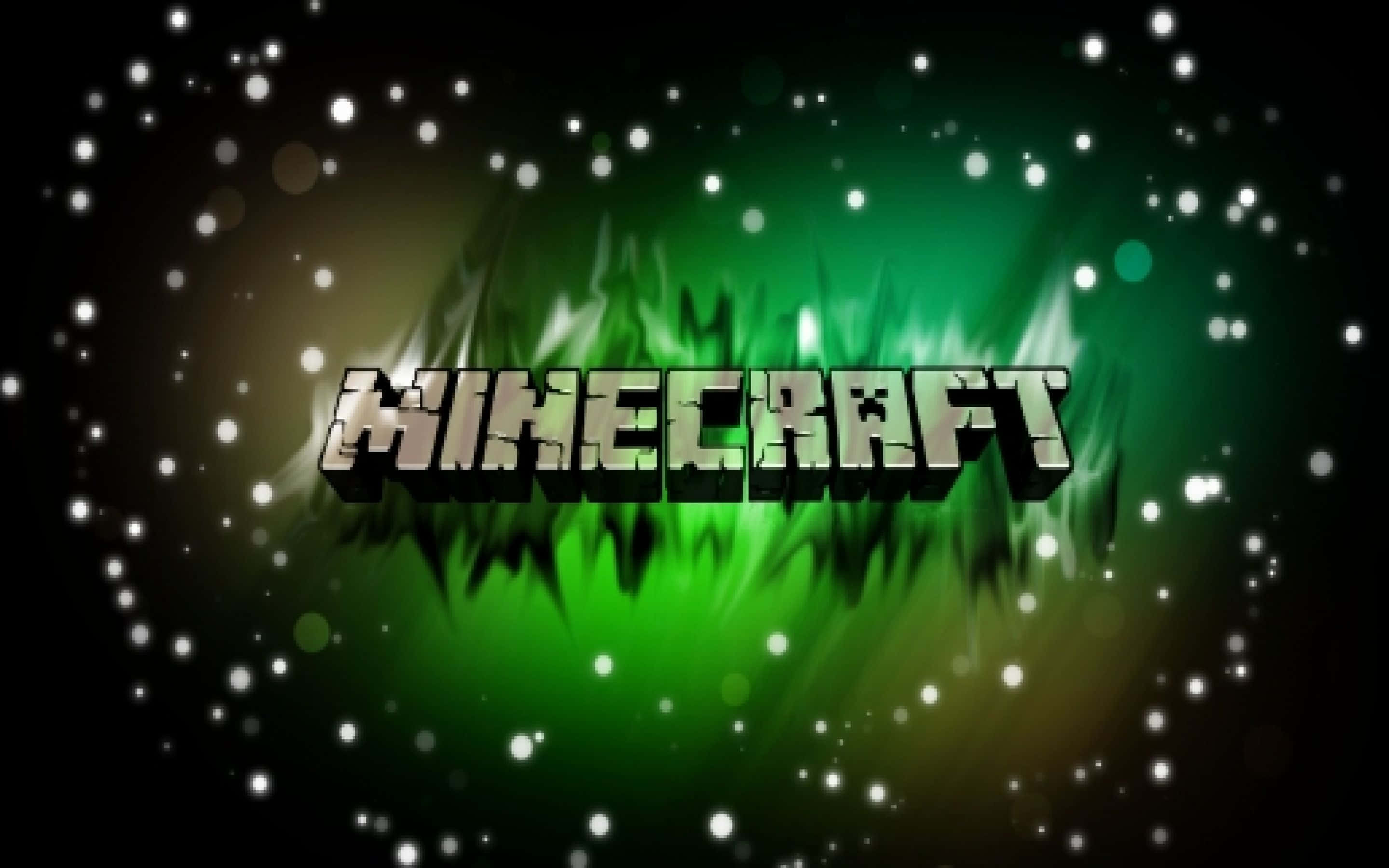 Multiplayer Game 桌布 壁紙 — Minecraft 標誌在佈滿發光粒子的深色背景上散發出充滿活力的綠色光芒。