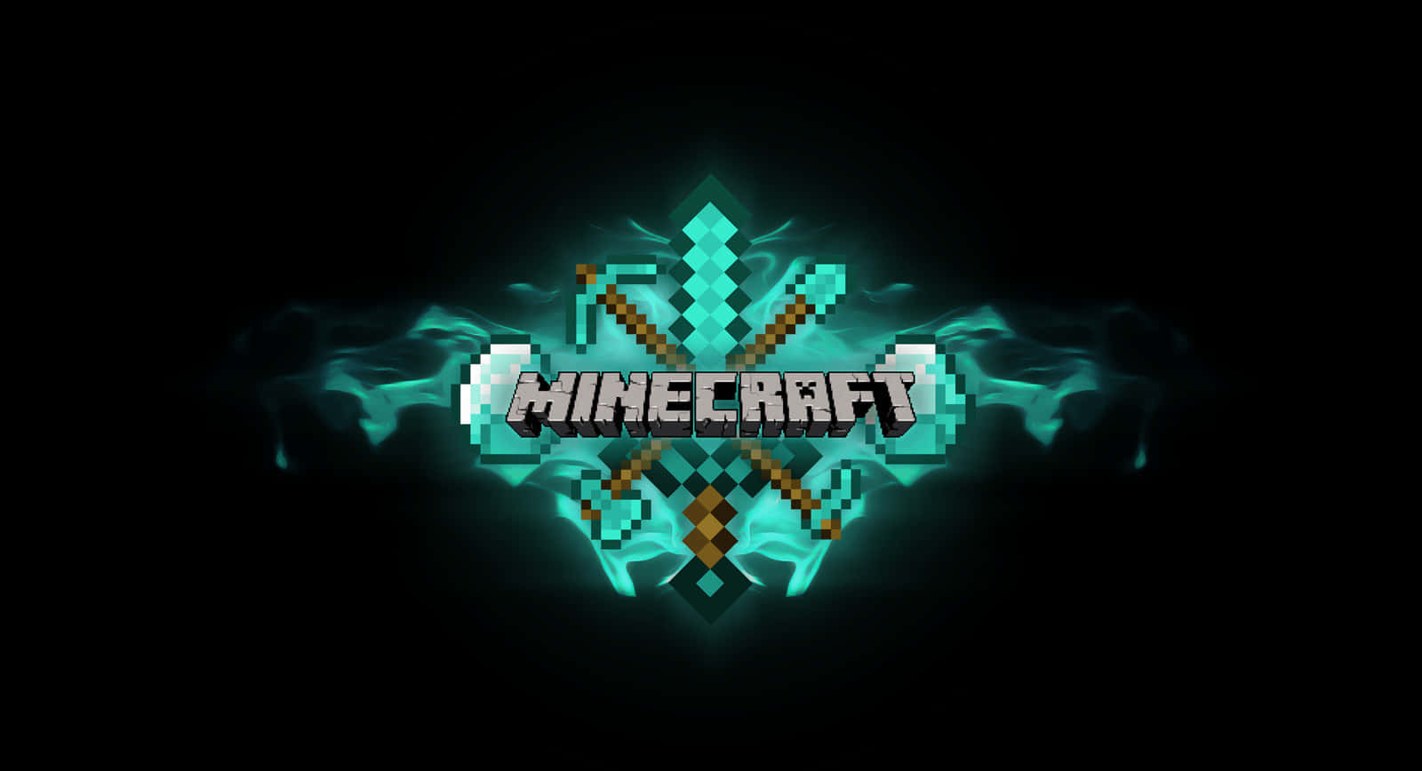 Minecraft Weapons 桌布 壁紙 — Minecraft 標誌在黑暗背景上閃耀著青綠色的像素化鑽石工具，帶有煙霧效果。