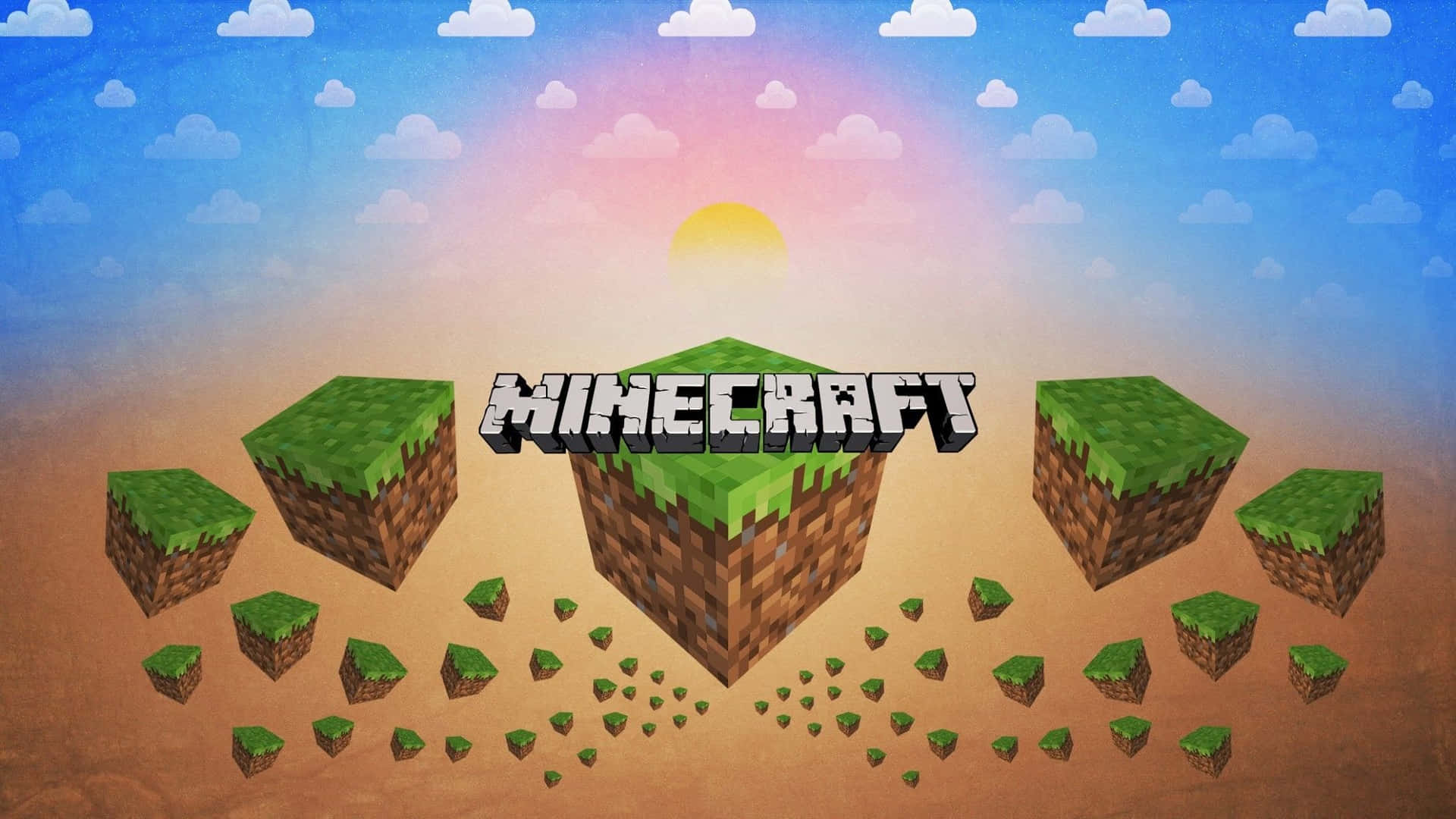 Minecraft 標誌被浮動草塊環繞，背景是色彩繽紛的夕陽天空。