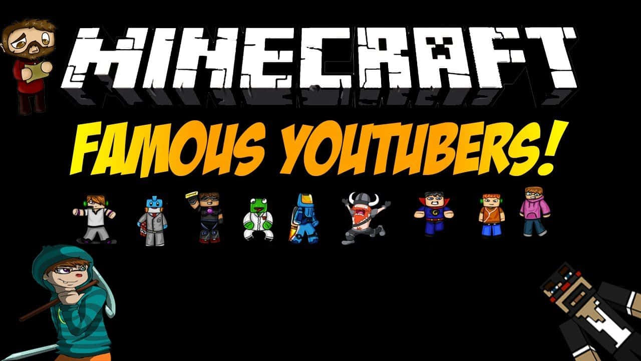 Minecraft Youtubers 桌布 壁紙 — Minecraft 標誌與著名 YouTuber 的方塊頭像顯示在黑色背景上。
