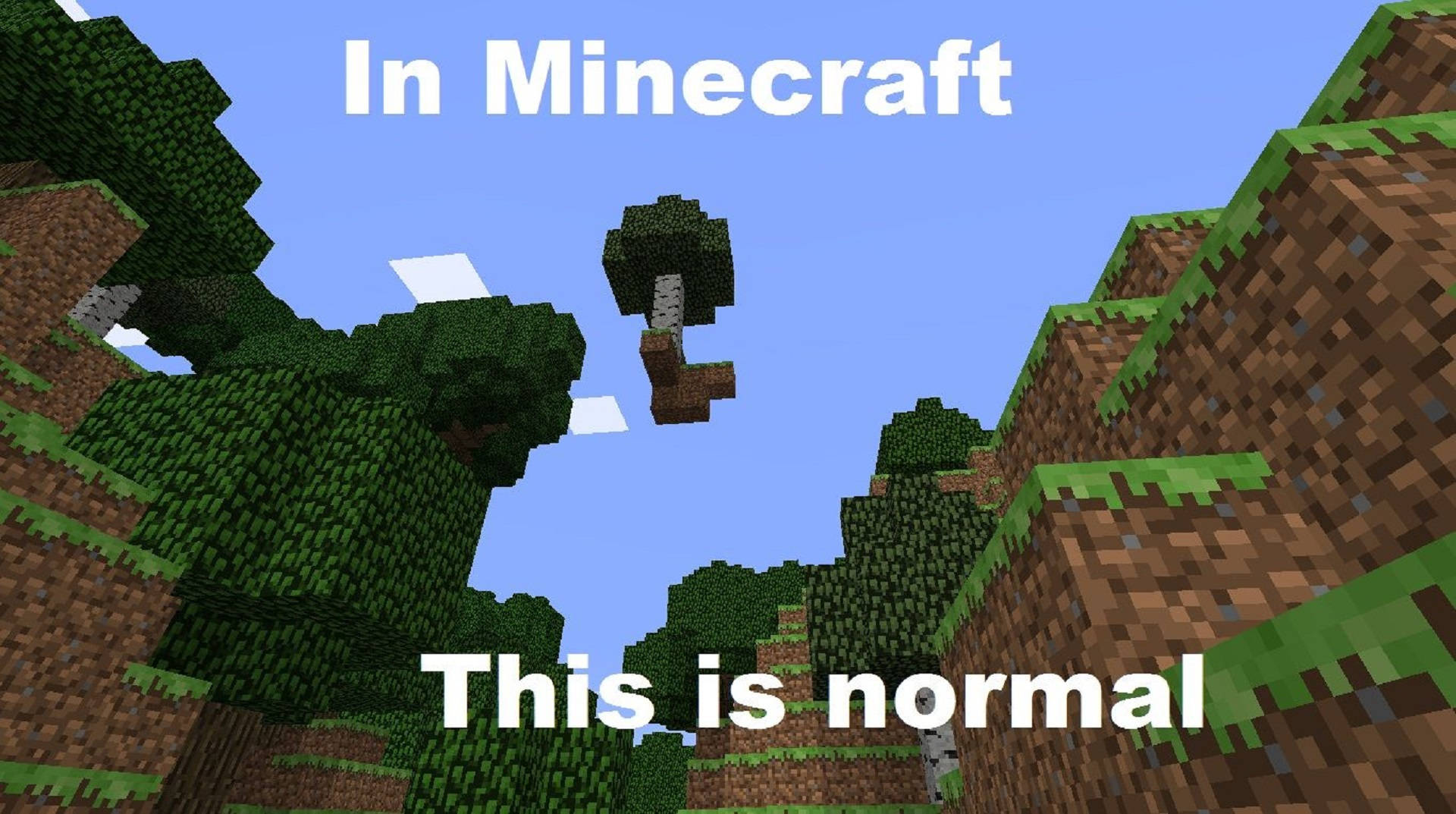 Minecraft 浮空樹搞笑梗圖 壁紙 — 像素化的Minecraft景觀，有方塊狀樹木和浮島，在清澈的藍天下。