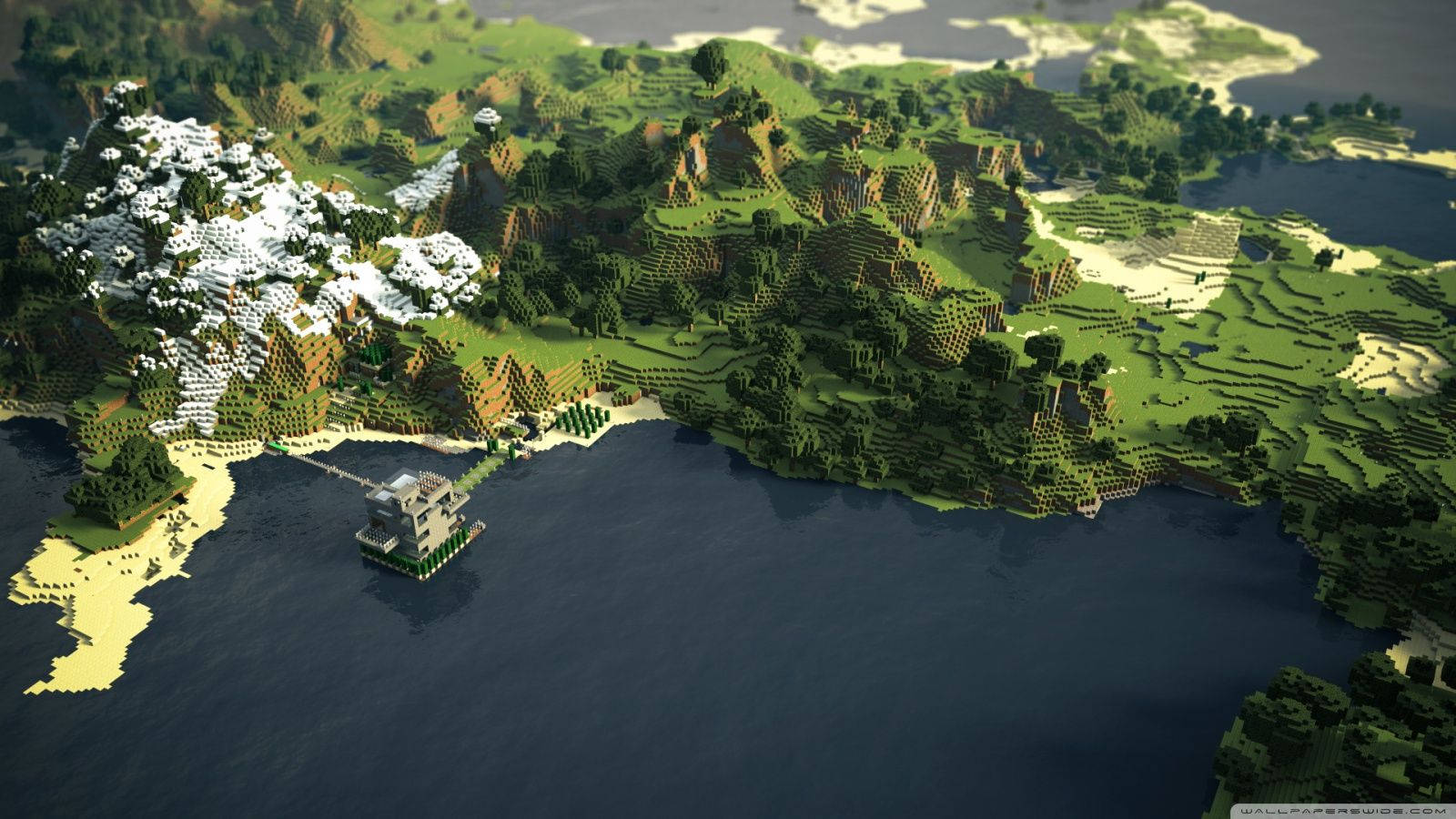 Minecraft島嶼，有雪山、綠色山丘和藍色水域中的沿海塔樓。