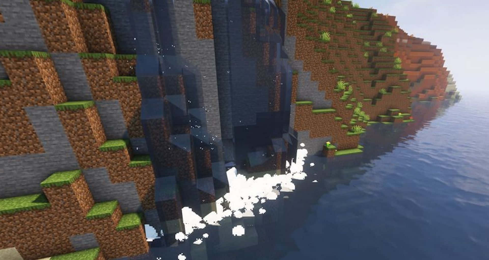 Minecraft Mods 桌布 壁紙 — Minecraft 瀑布從方塊懸崖傾瀉而下，流入明亮的天空下的海浪中。