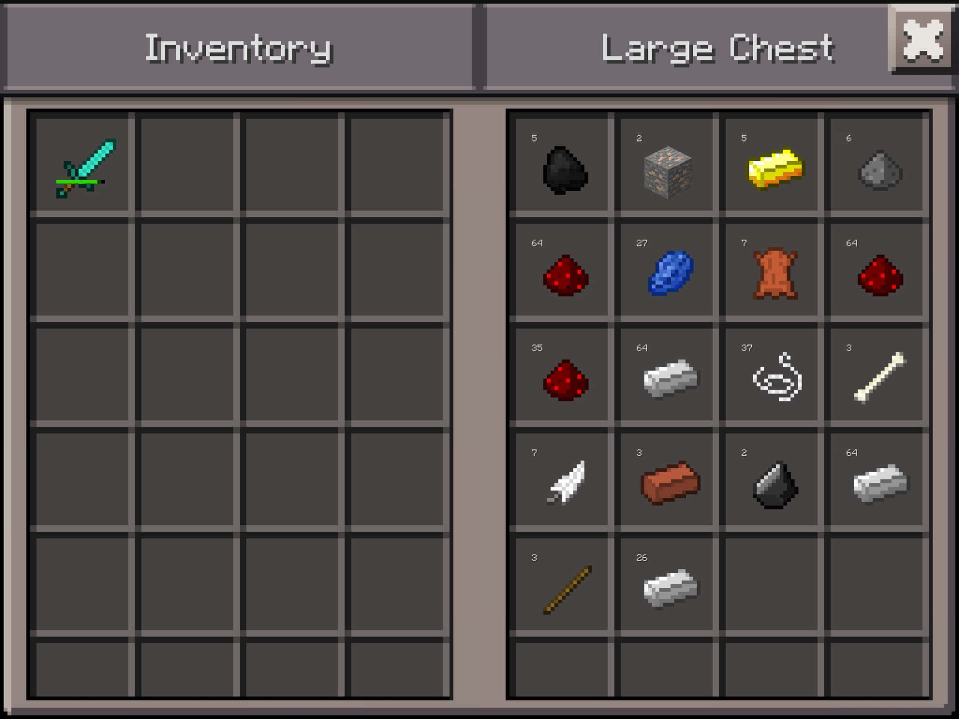 Minecraft物品欄畫面，顯示鑽石劍和物品在一個大儲物箱中。