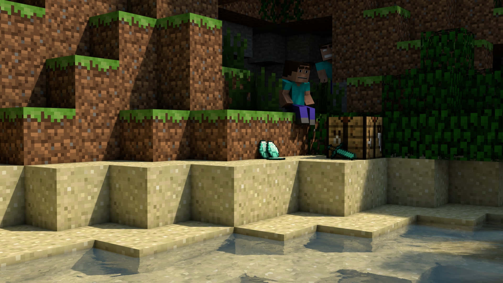 Herobrine 桌布 壁紙 — Minecraft 玩家企喺河邊嘅箱旁邊，喺一個有泥土懸崖同草嘅方塊像素景觀入面。