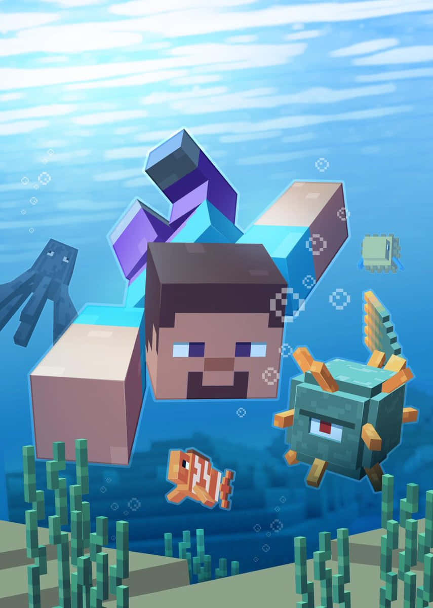 Minecraft Survival 桌布 壁紙 — Minecraft 玩家和海洋生物在像素化的海洋中游泳，周圍有珊瑚和氣泡。