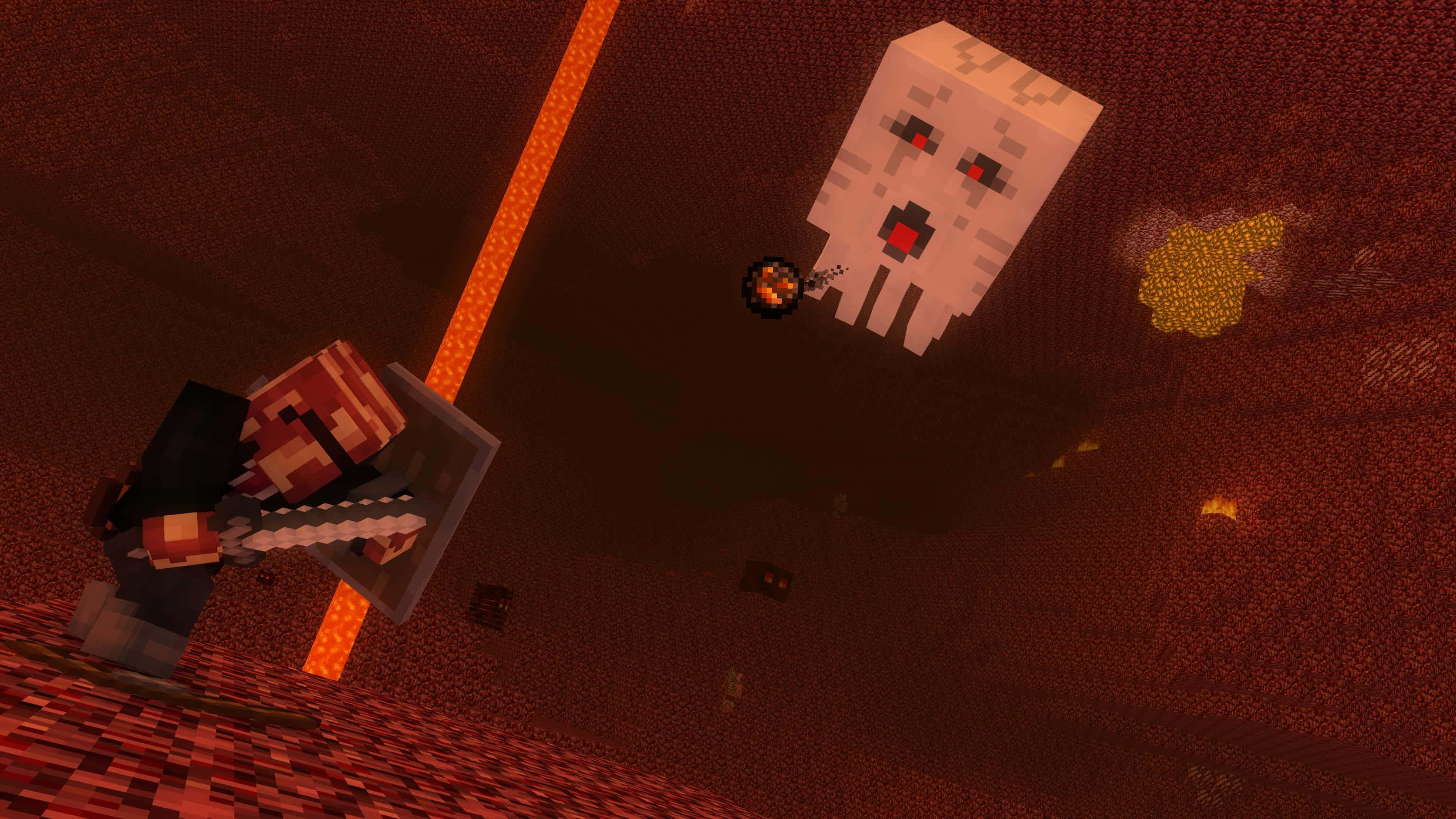 Minecraft Ghast 桌布 壁紙 — Minecraft 玩家喺一個有發光熔岩同金磚嘅熾熱地獄堡壘入面同 Ghast 戰鬥。