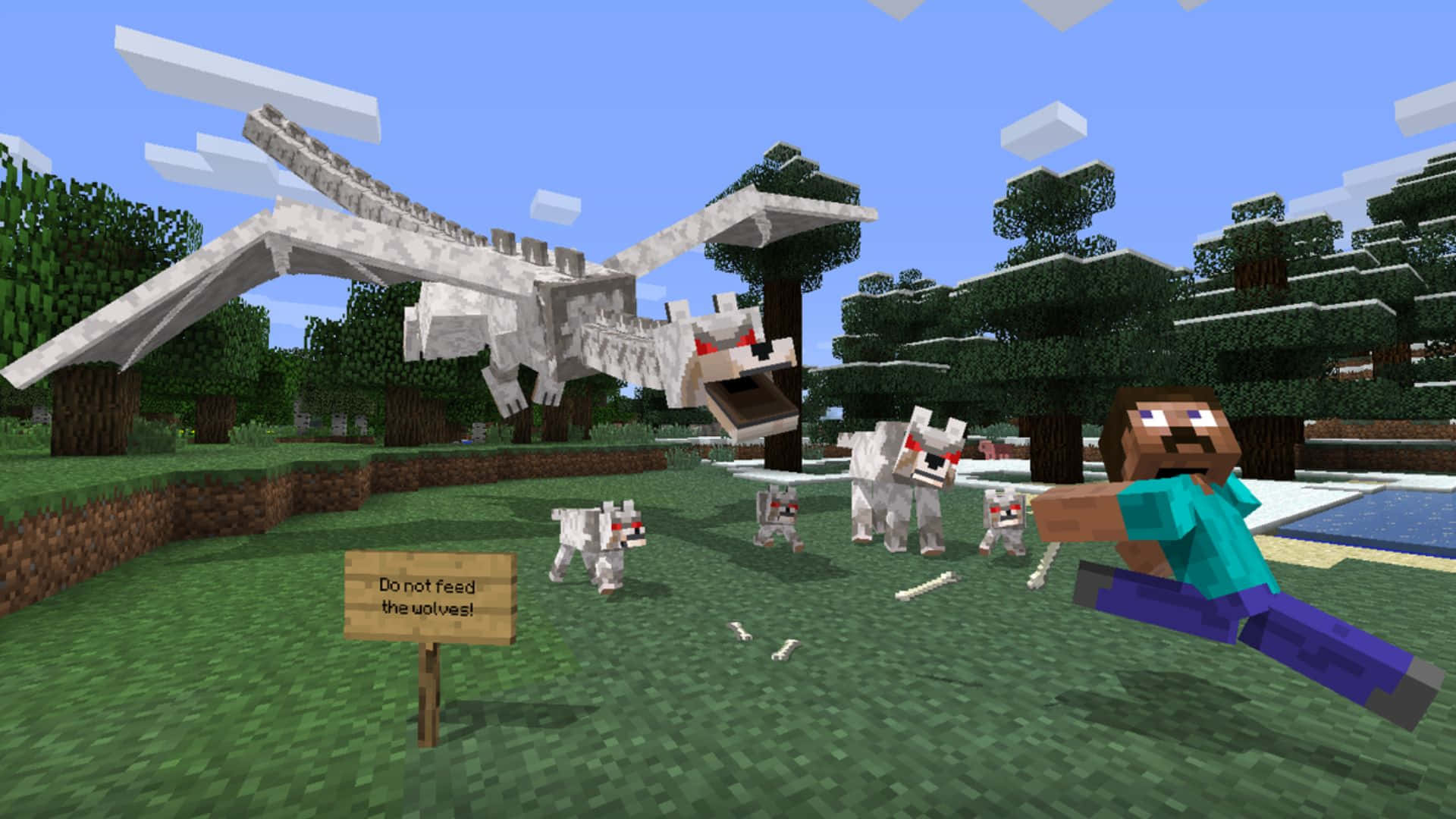 Minecraft Wolf 桌布 壁紙 — Minecraft 玩家喺像素森林入面被巨型骷髏龍追趕，同時有狼群追住佢。