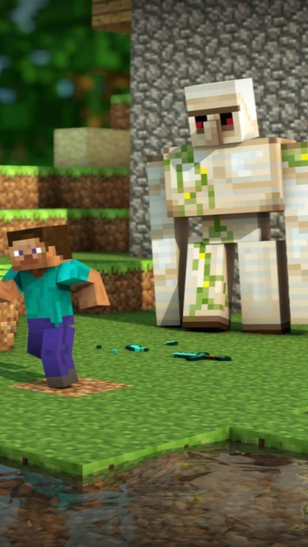 Minecraft Iron Golem 桌布 壁紙 — Minecraft 玩家在一個像素化草地生物群落中面對巨型殭屍，該群落有石頭建築和水。