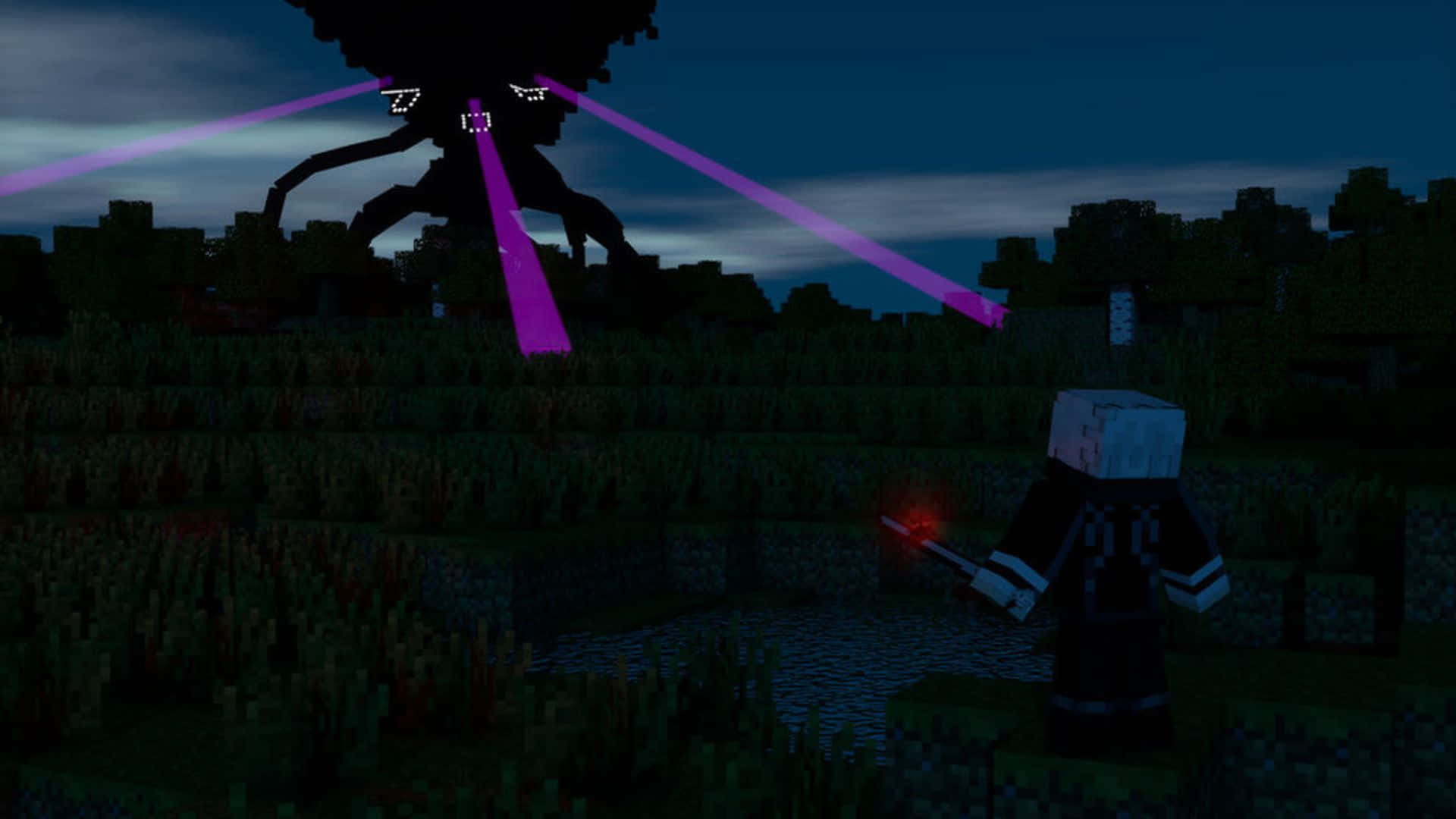 Minecraft Wither 桌布 壁紙 — Minecraft 玩家在夜晚的黑暗像素森林中面對一隻發出紫色光束的巨型蜘蛛。