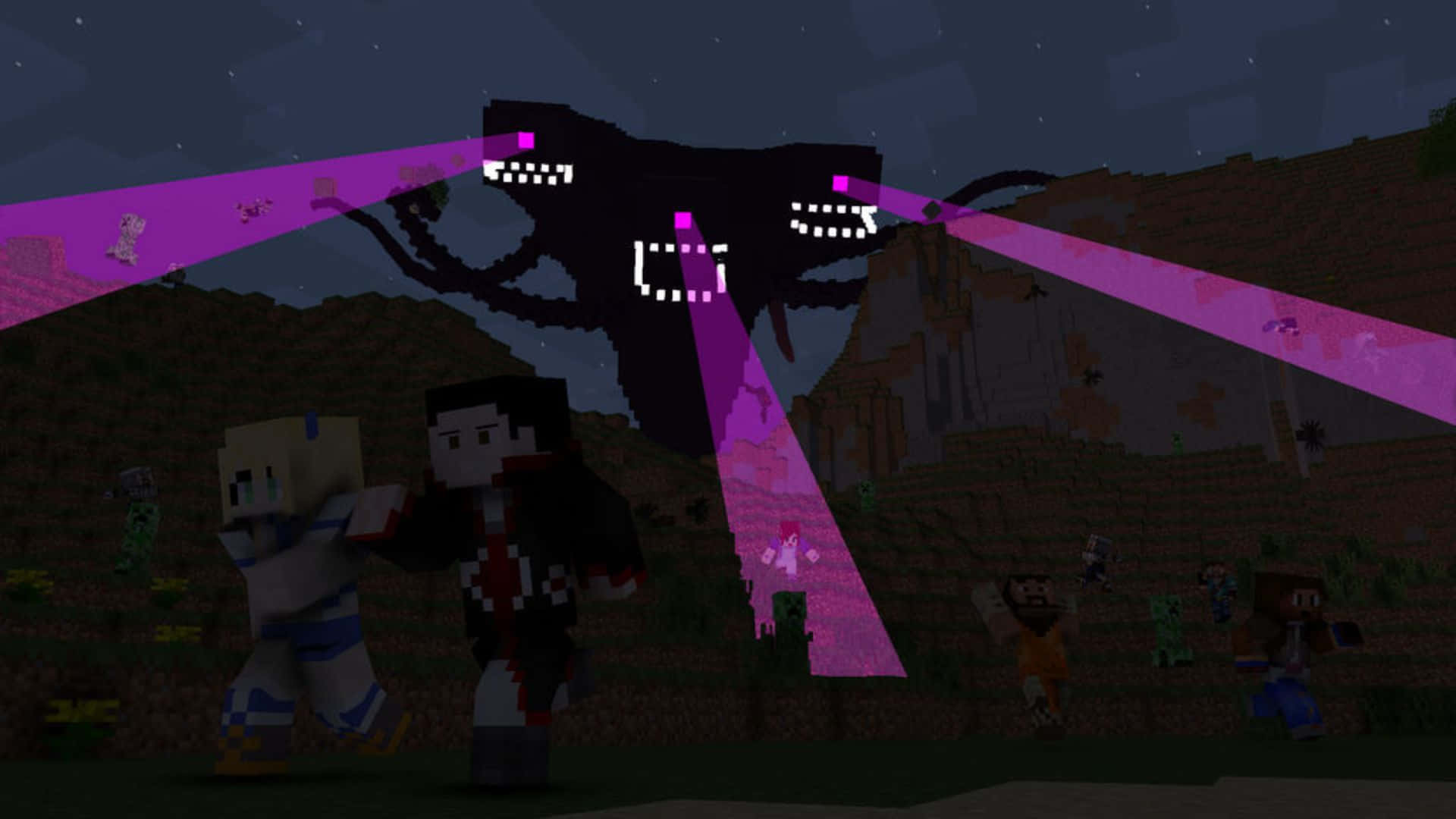Minecraft Wither 桌布 壁紙 — Minecraft 玩家在星空下面對一個發出紫色光束的巨大像素怪物。