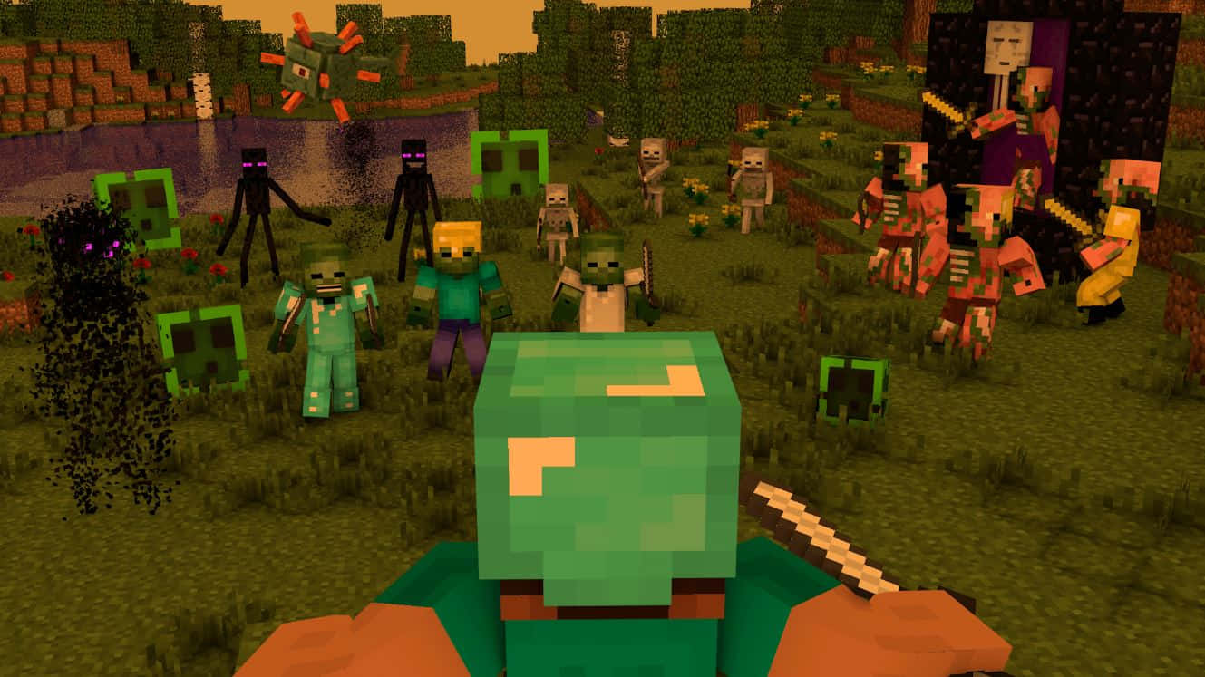 Minecraft Survival 桌布 壁紙 — Minecraft 玩家在第一人稱視角下，在草地生態域中揮劍對抗一群像素化的殭屍、苦力怕和骷髏。