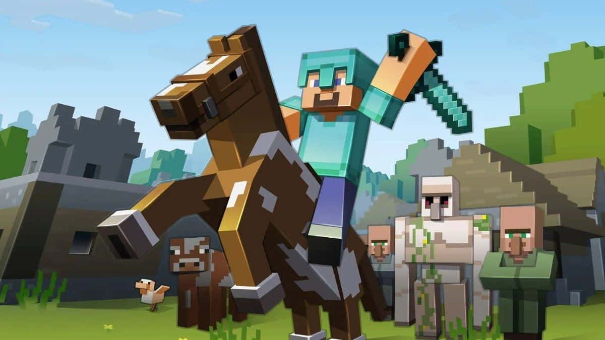 Minecraft Armor 桌布 壁紙 — Minecraft 玩家騎著馬，揮舞鑽石劍，附近有村民和一隻雞，在方塊像素世界中。