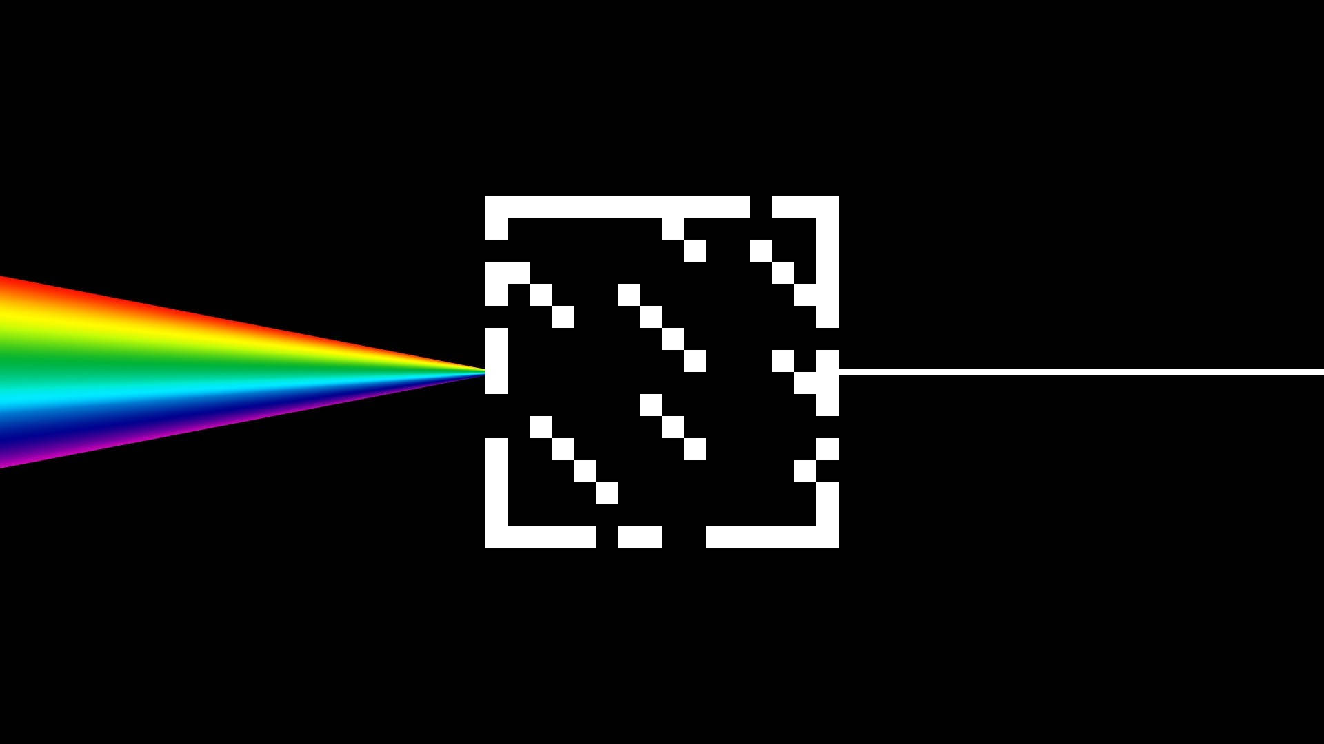 Minecraft 玻璃棱鏡 壁紙 — 黑色背景上一個像素化的白色正方形，左側射入一道彩虹光束。