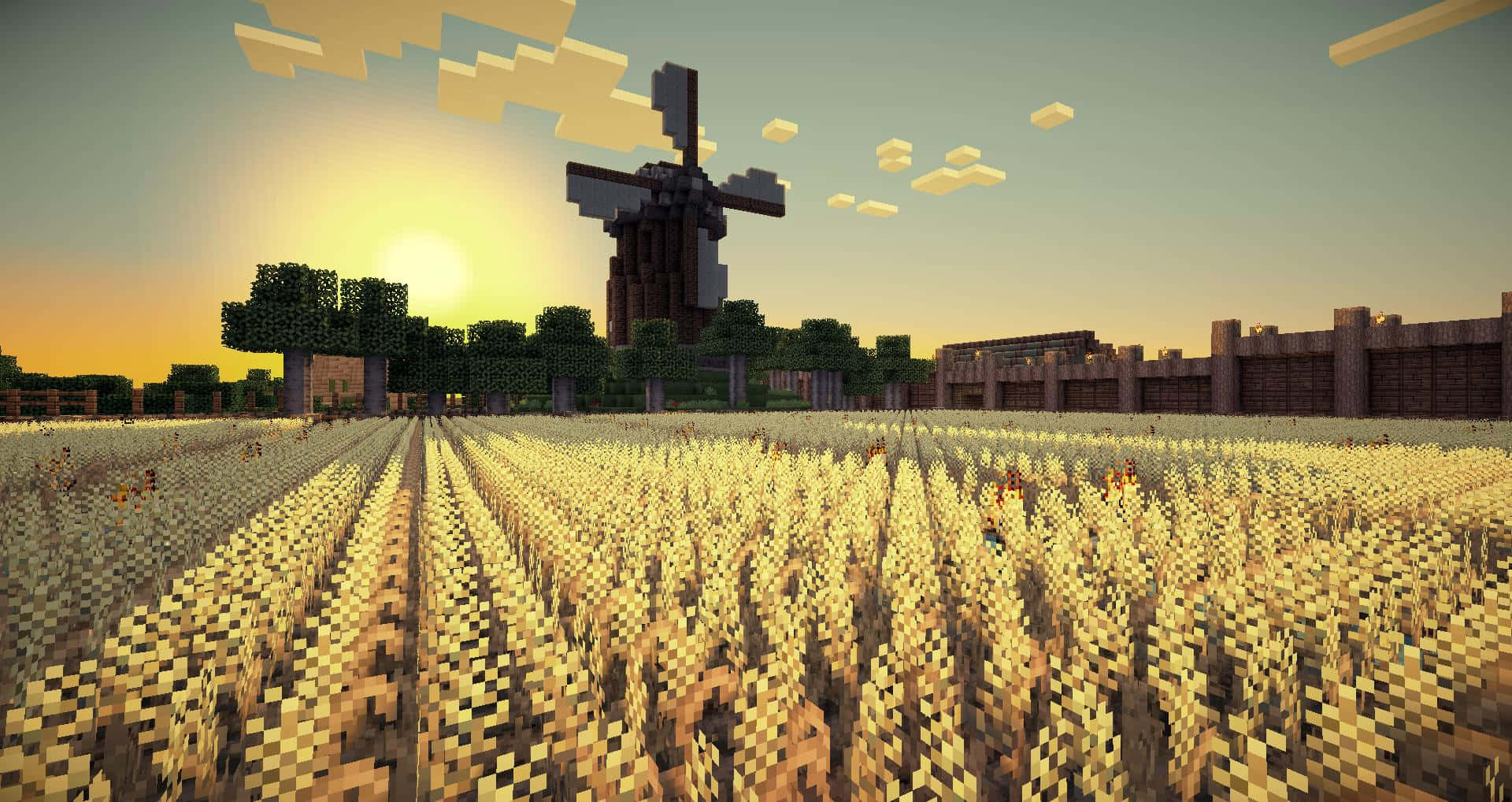 Minecraft麥田與夕陽下的風車