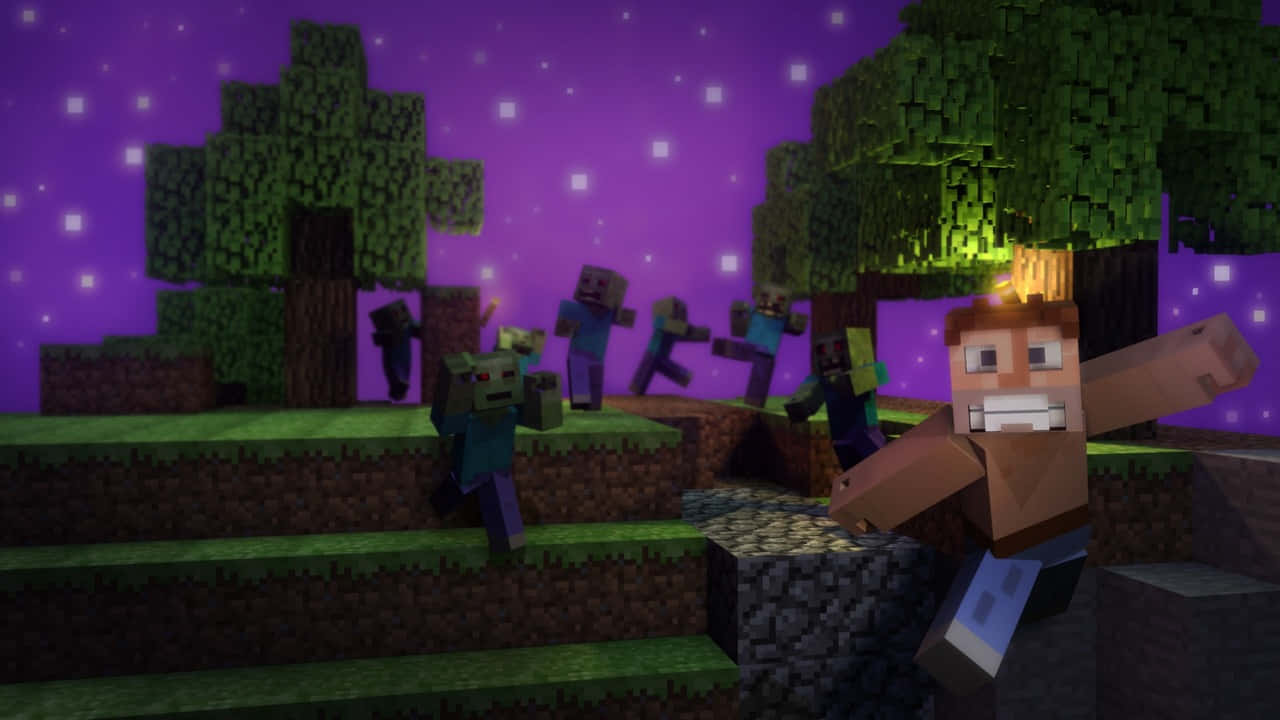 Minecraft 玩家喺紫色天空下嘅夜晚森林入面同喪屍戰鬥。