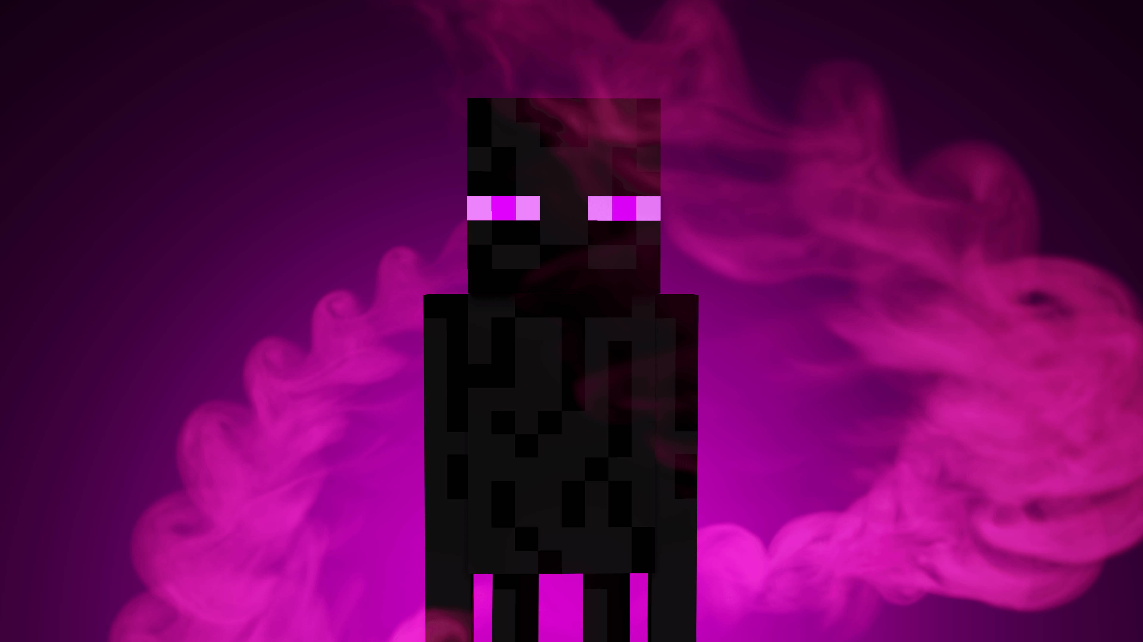 Minecraft《終界》中的恐懼埃德曼 壁紙 — 一個像素化的黑色終界使者站在深紫色虛空中，面對旋轉的洋紅色煙霧。
