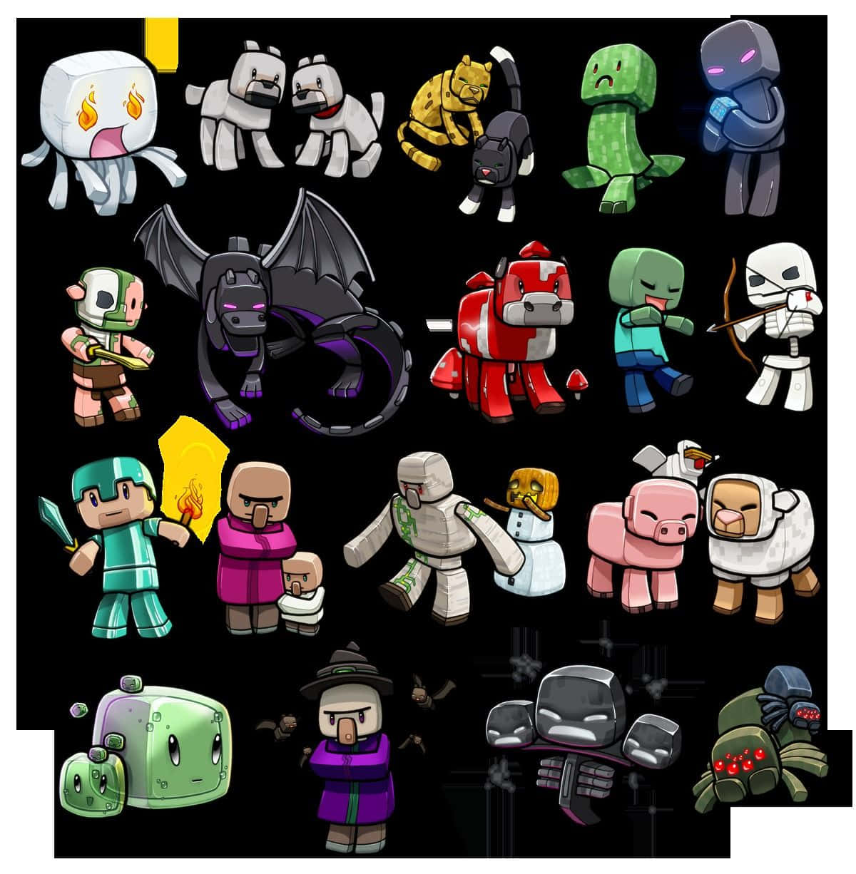 《Minecraft》角色尋找冒險 壁紙 — 一系列Minecraft風格像素化角色與生物，包括玩家、動物和怪物，以黑色背景呈現。