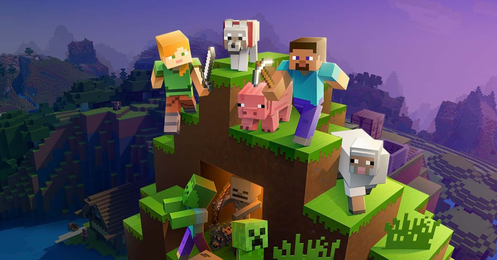 Minecraft角色與動物在日落時的懸崖上