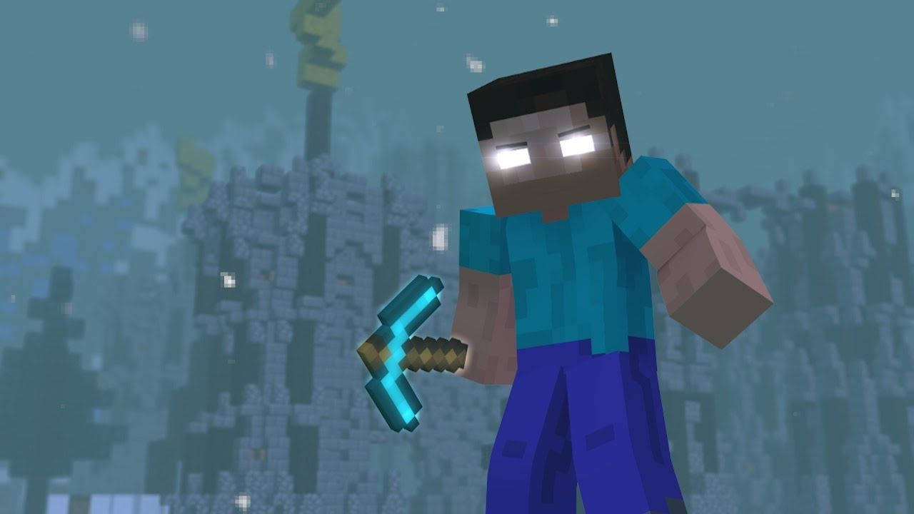 Minecraft玩家在夜晚的積雪方塊世界中手持鑽石劍