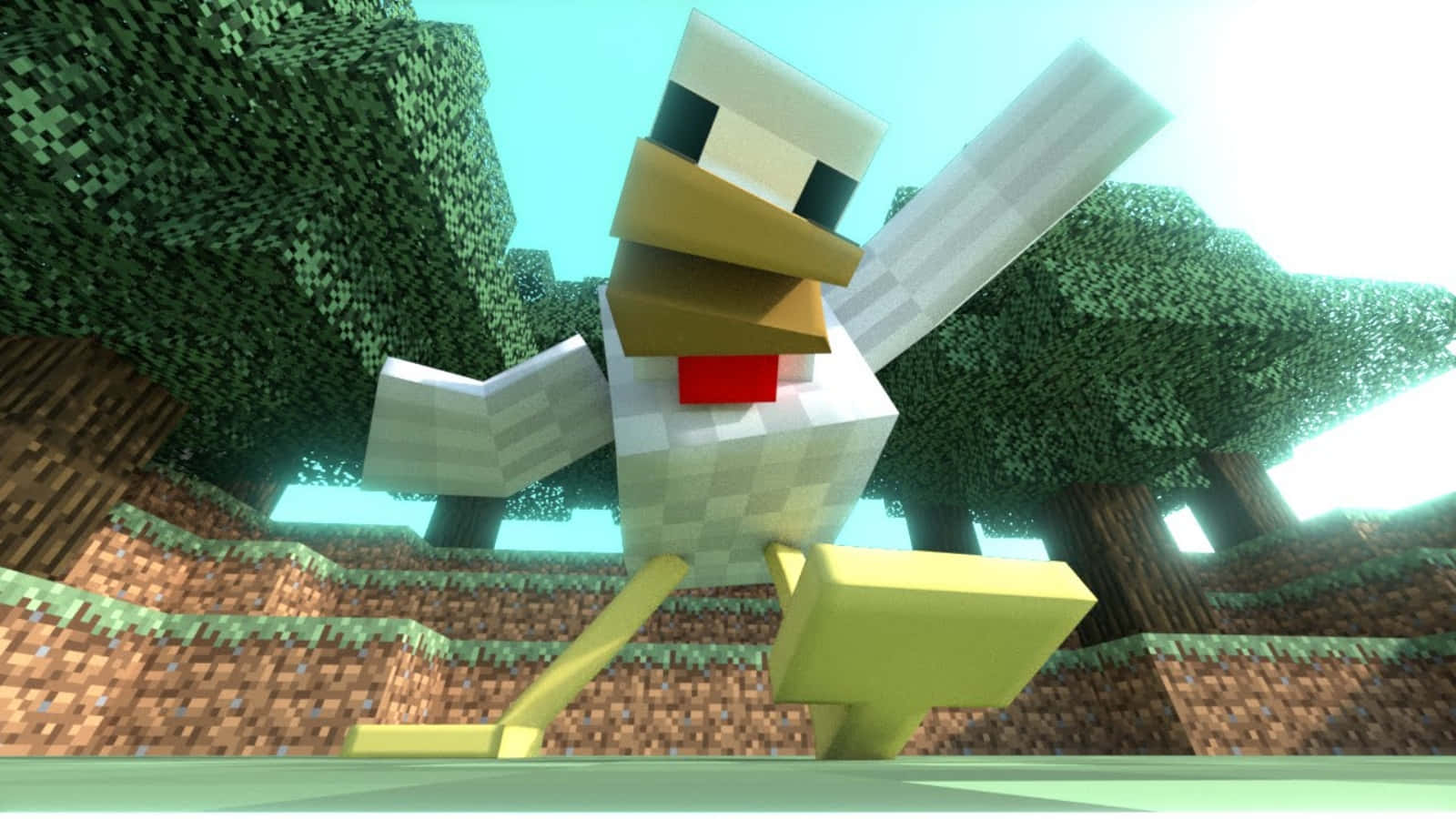 白天在像素森林中的Minecraft雞。