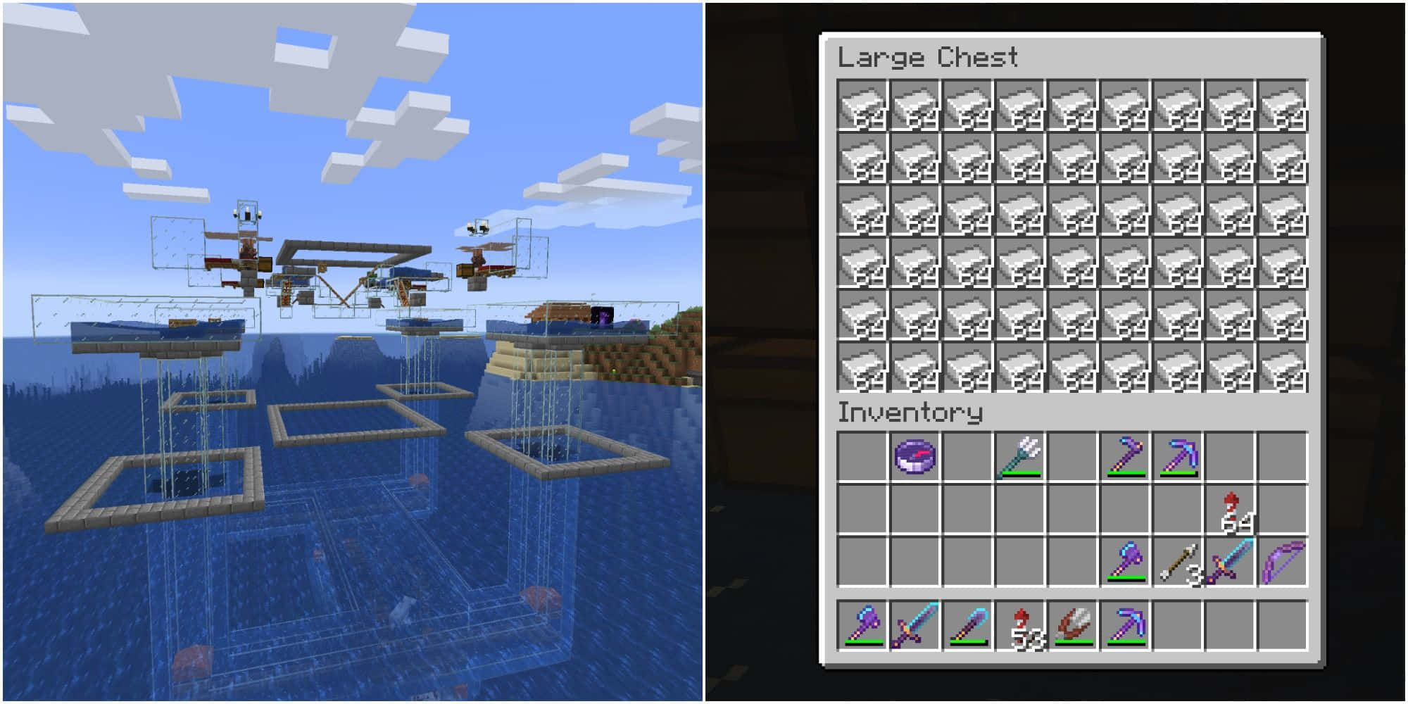 Minecraft Farming 桌布 壁紙 — Minecraft 遊戲畫面，展示一個浮空島嶼基地，有村民和一個裝滿物品的完整物品欄儲物箱。