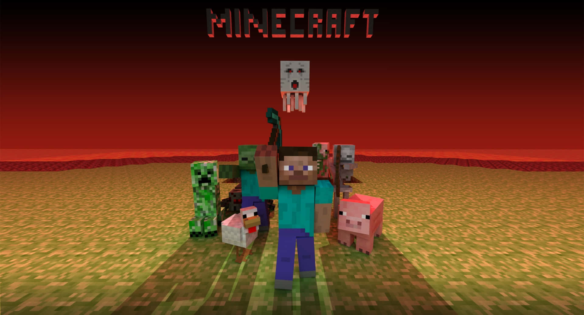 像素化紅色日落景觀中的Minecraft角色。