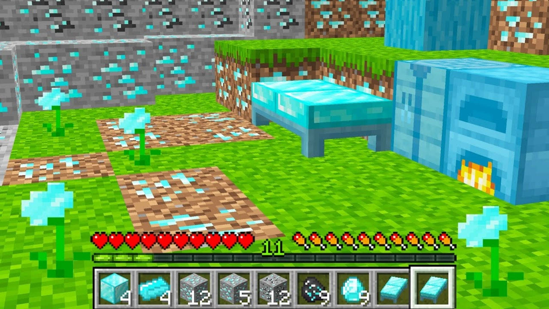 Minecraft 鑽石房間 壁紙 — 一個像素化的Minecraft場景，有藍色床、熔爐和鑽石方塊，在一個有花和石牆的草地區域。