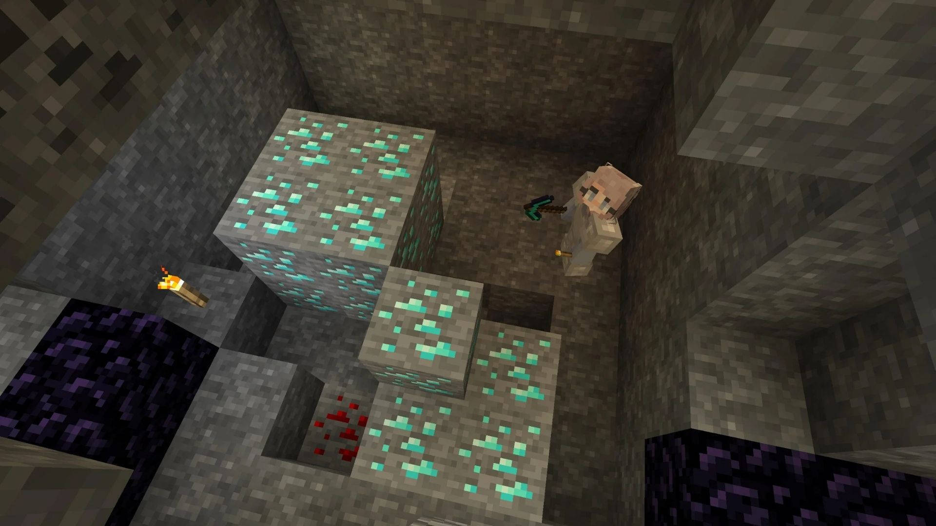 Minecraft 鑽石採礦 壁紙 — 一個Minecraft玩家站在一個昏暗的石室中，周圍是發光的綠寶石方塊和一個發出溫暖光線的火把。