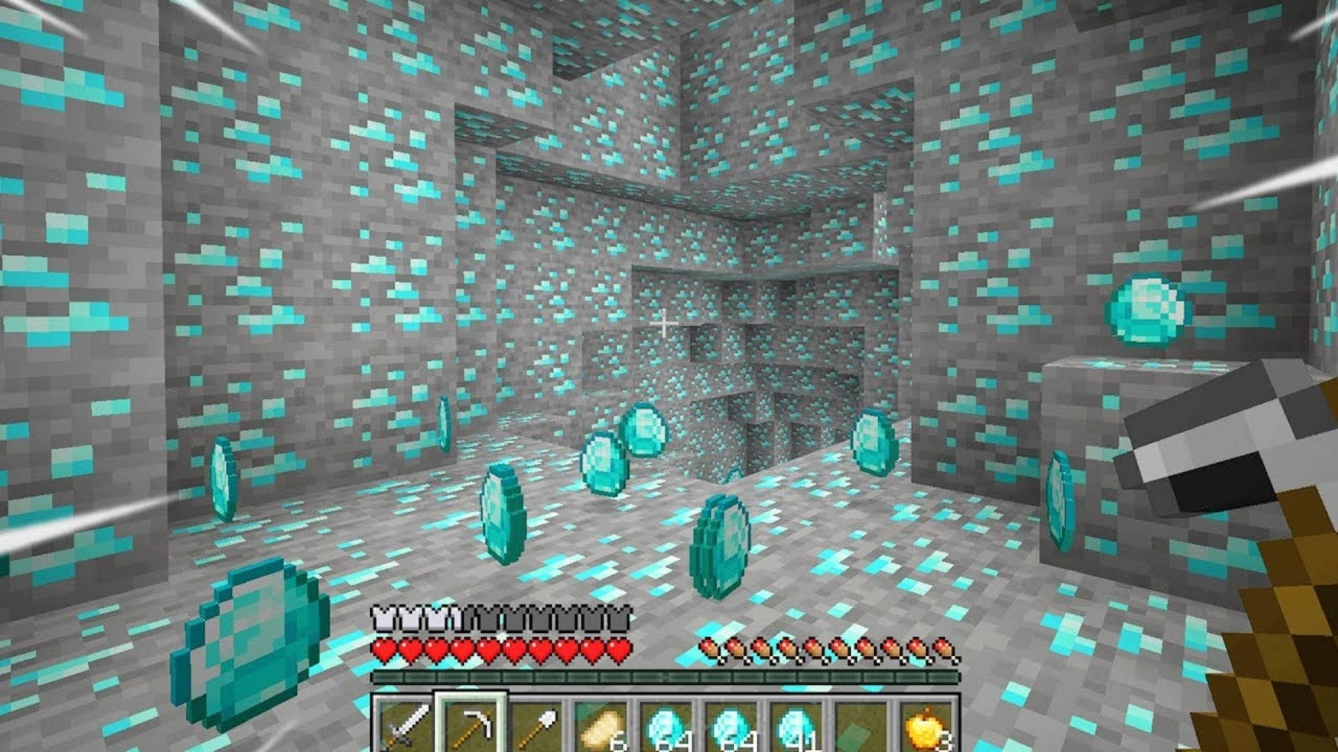 Minecraft 鑽石礦石與晶體 壁紙 — 玩家探索一個充滿發光藍色鑽石和石塊的Minecraft洞穴。