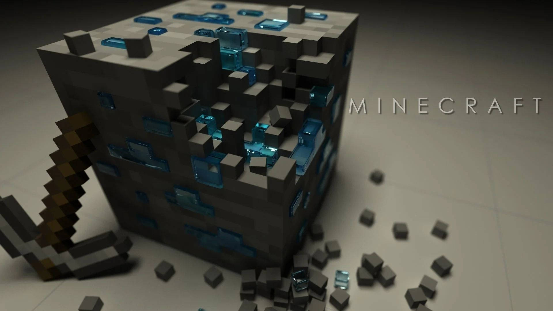 Minecraft 鑽石礦石與木斧 壁紙 — 一個被鎬子擊碎的Minecraft鑽石礦石方塊，散落的像素在平坦的地板上。