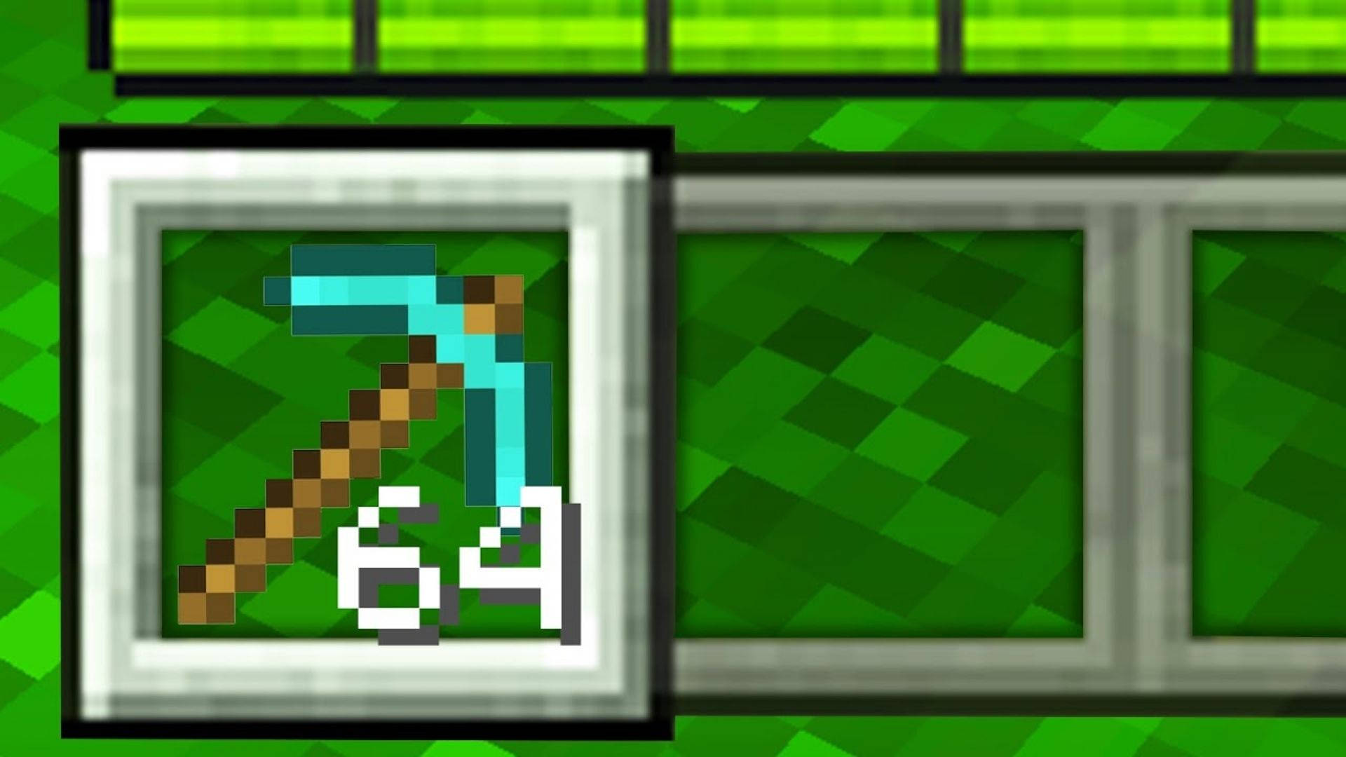 Minecraft 鑽石鑿岩錘 壁紙 — 在綠色紋理背景的Minecraft物品欄中顯示的像素化鑽石鎬，耐久度64。