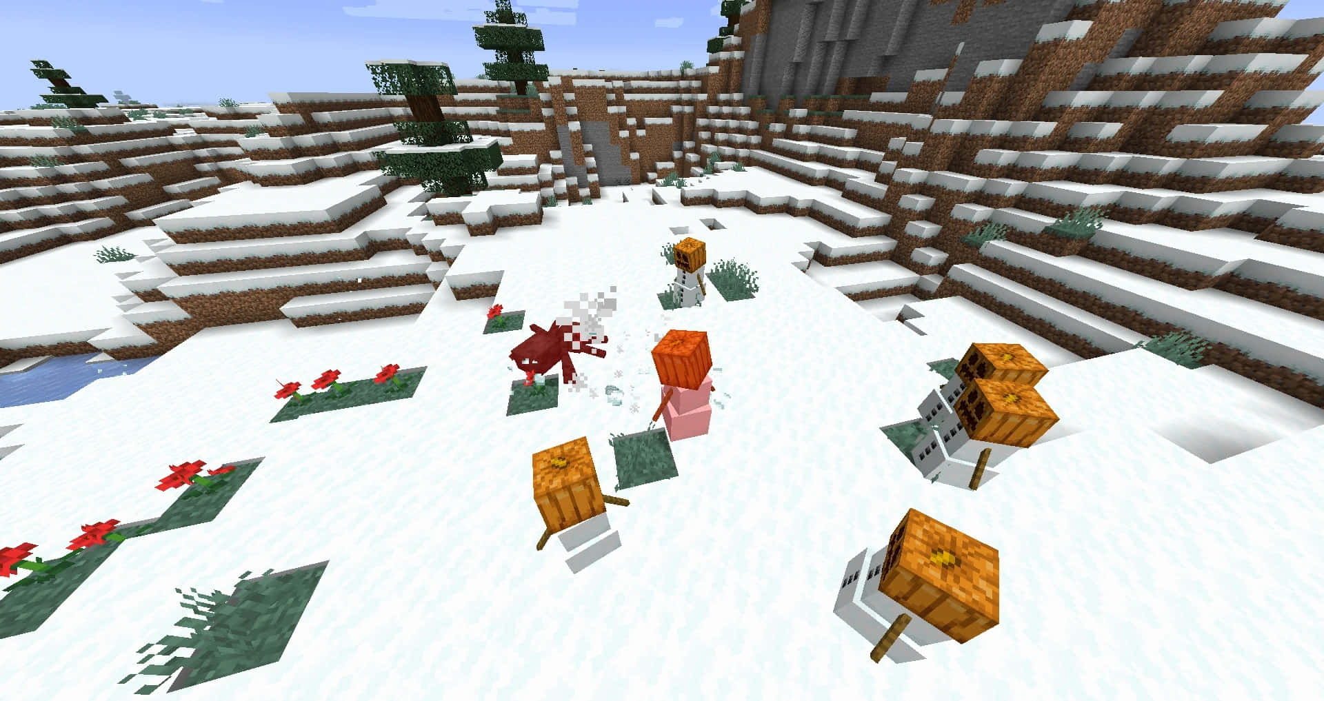 Minecraft Snow Golem 桌布 壁紙 — Minecraft 雪地冬季景觀，積雪覆蓋的方塊地形上點綴著雪人和紅花，天空湛藍清澈。