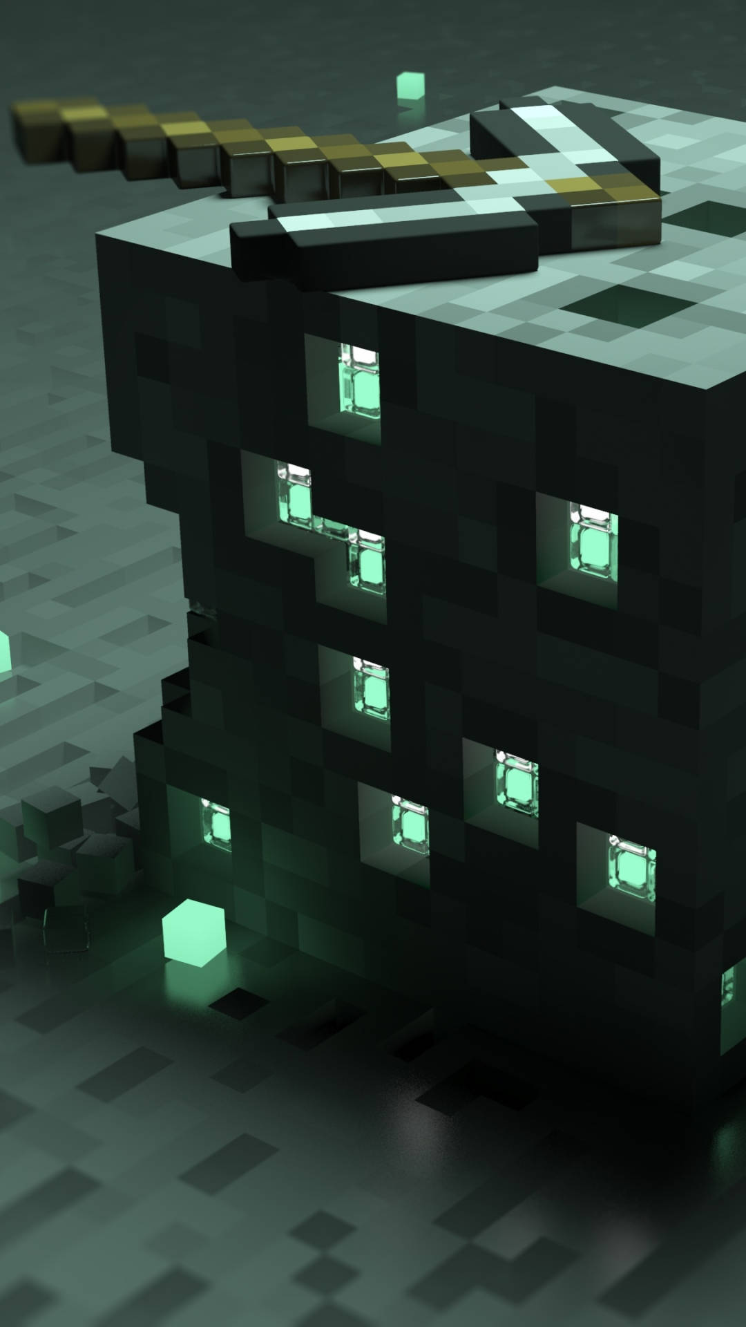 夜晚一個方塊狀的Minecraft建築，帶有發光的窗戶和頂部的劍。