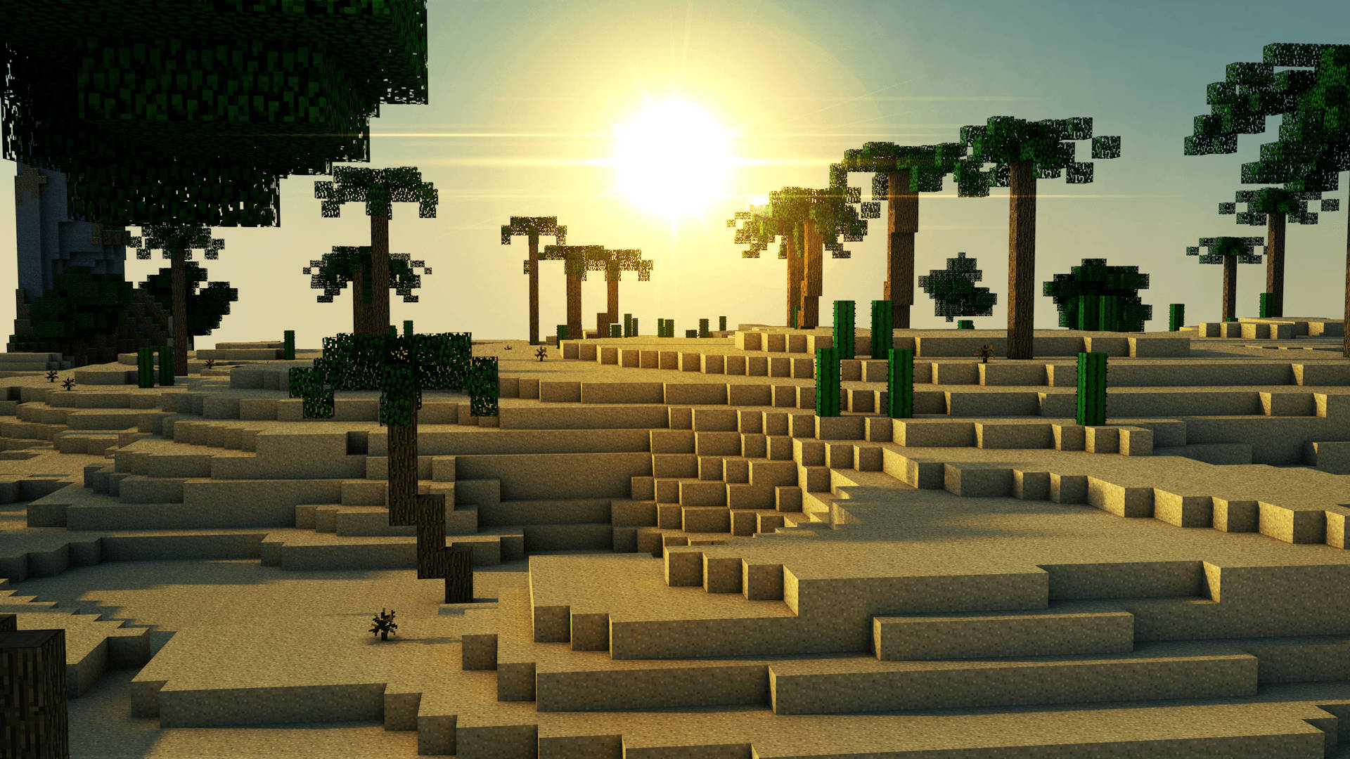 日落時分嘅 Minecraft 稀樹草原，有方塊棕櫚樹同梯田沙丘。